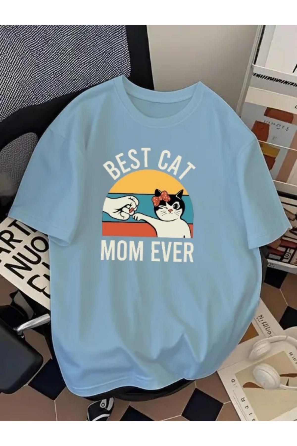 SOHR Unisex Erkek/Kadın Best Mom Cat Ever Renkli Baskılı Oversize Pamuklu T-Shirt