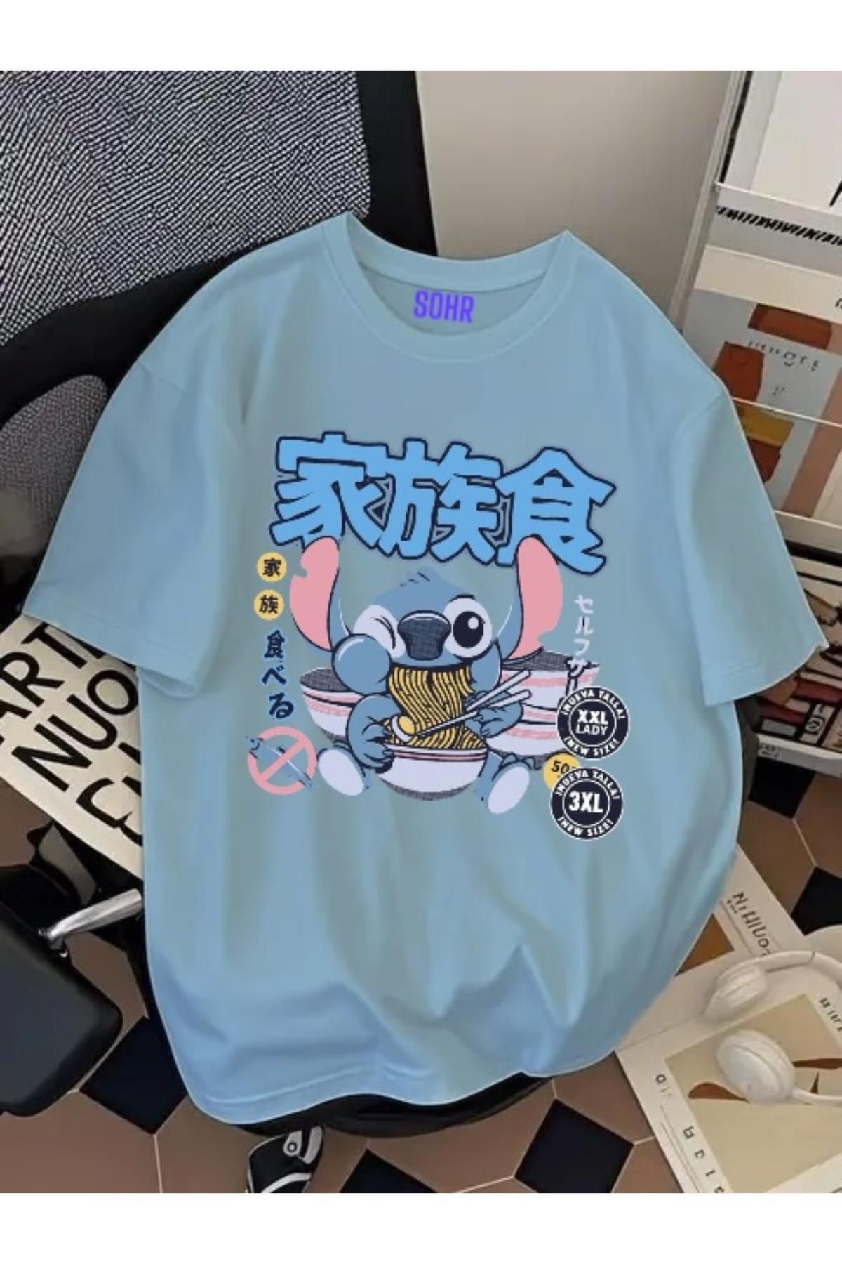 SOHR Unisex Erkek/Kadın Stitch Ramen Renkli Baskılı Oversize Pamuklu T-Shirt