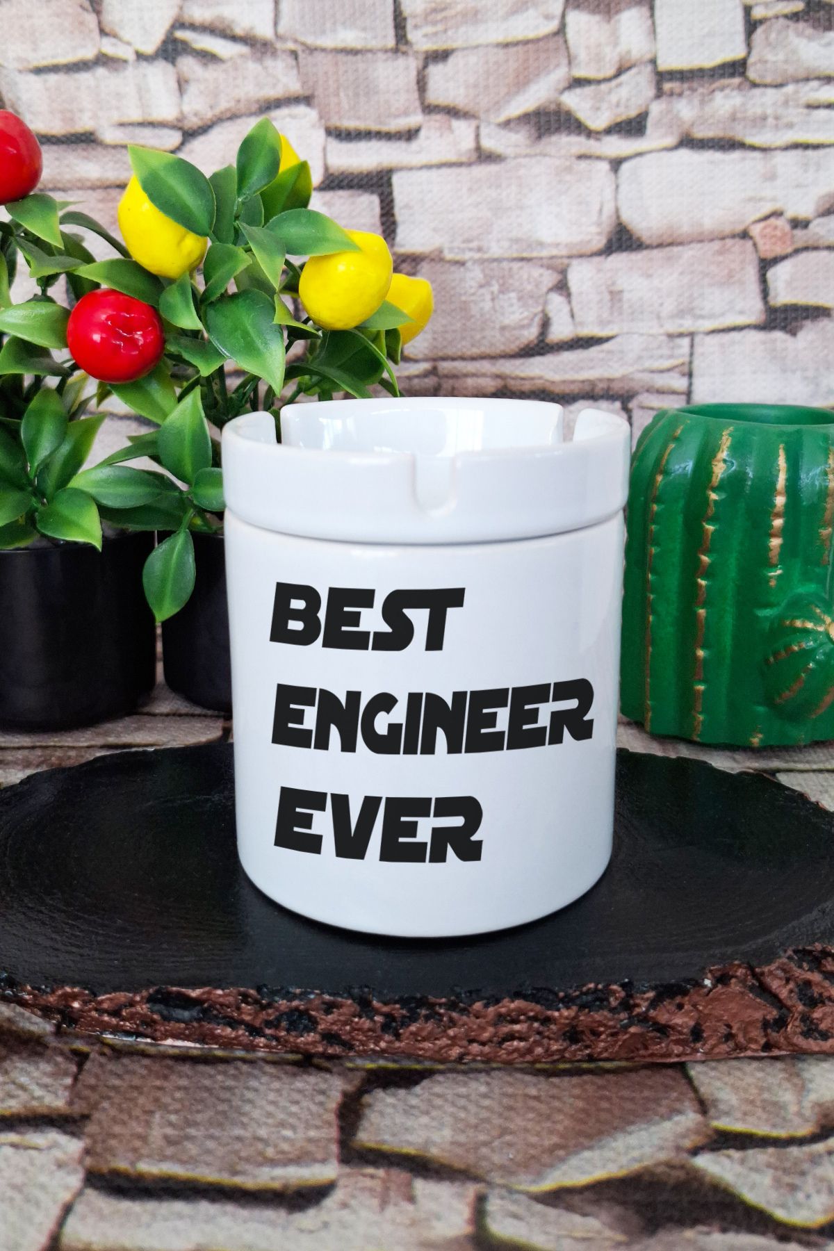 qoeuyl boutique Best Engineer Ever Mühendis Hediye Baskılı Seramik Kapaklı Kokusuz Küllük