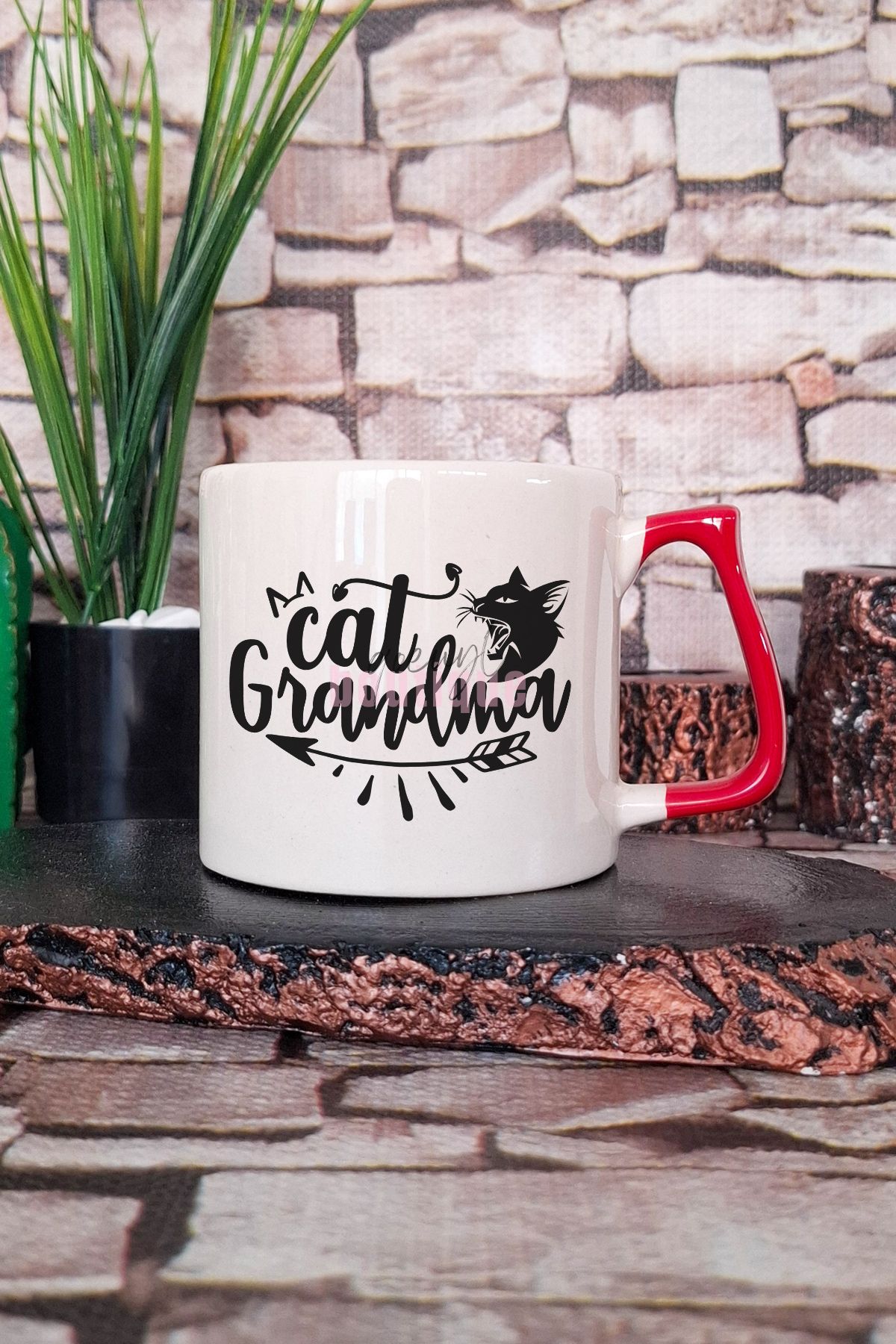 qoeuyl boutique Cat Grandma Baskılı Kedi Nine Kedisever Aile Hediyelik Kulplu Kupa Bardak
