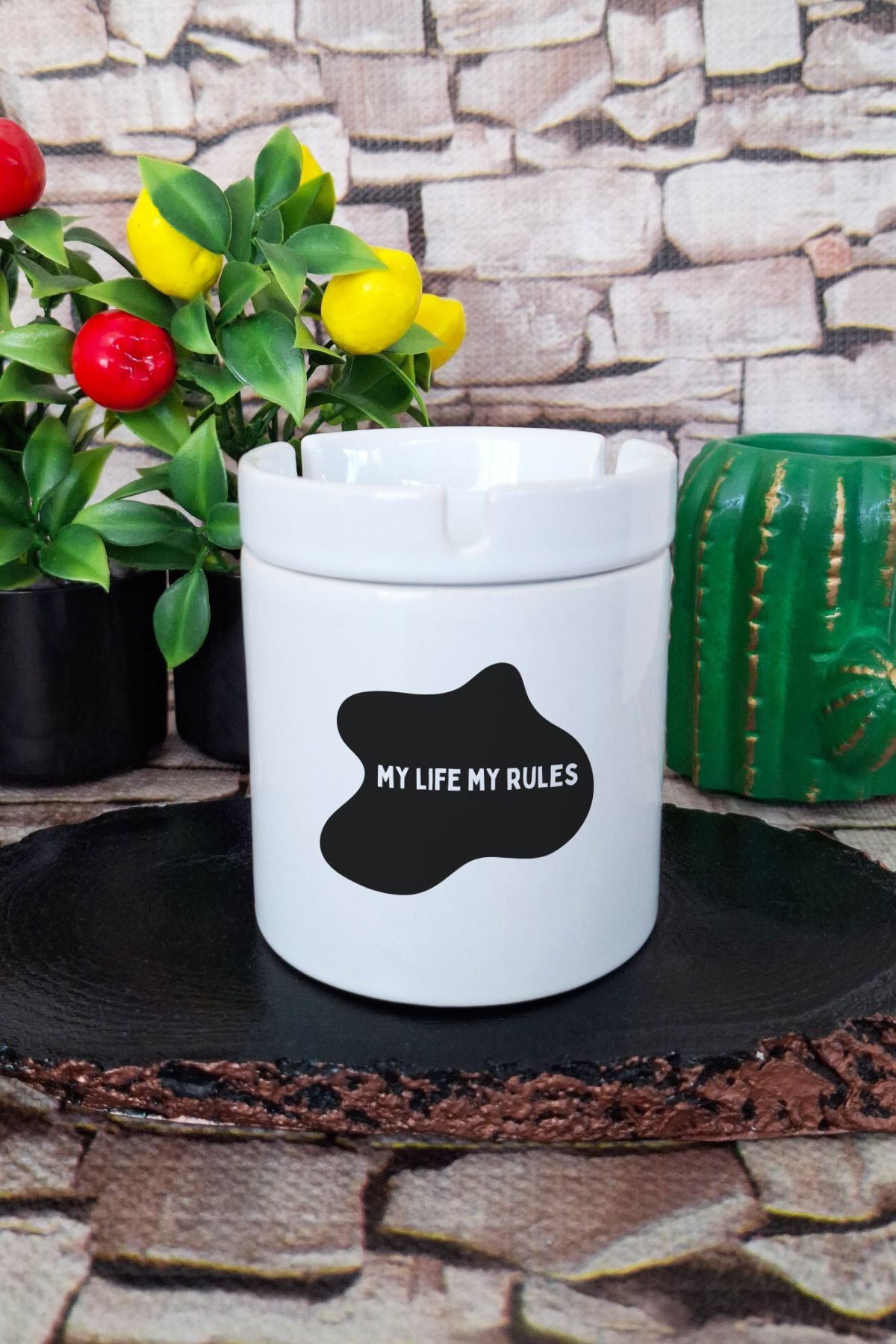 qoeuyl boutique MY LIFE MY RULES Baskılı Seramik Kapaklı Kokusuz Küllük
