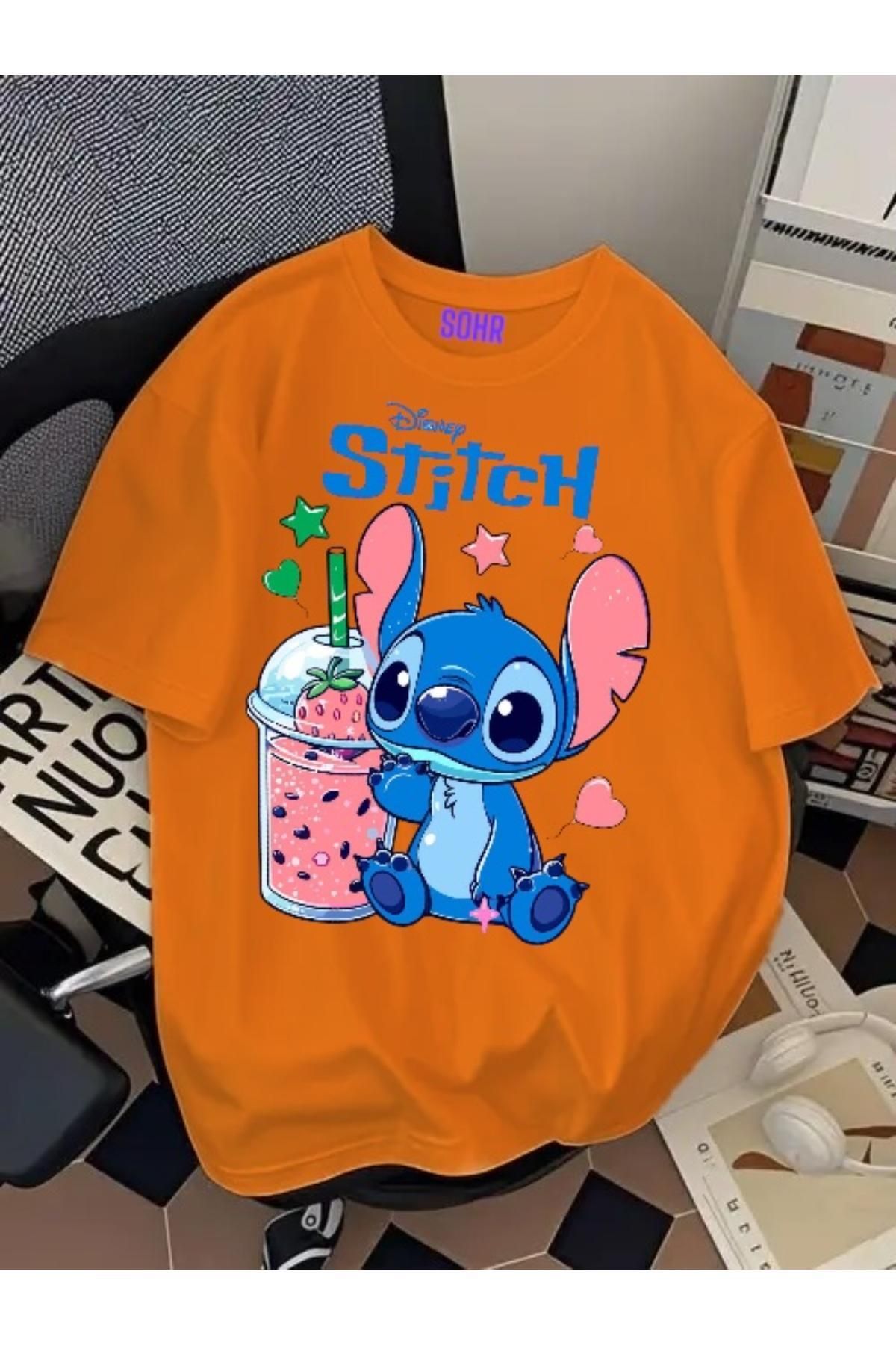 SOHR Unisex Erkek/Kadın Stitch Renkli Baskılı Oversize Pamuklu T-Shirt