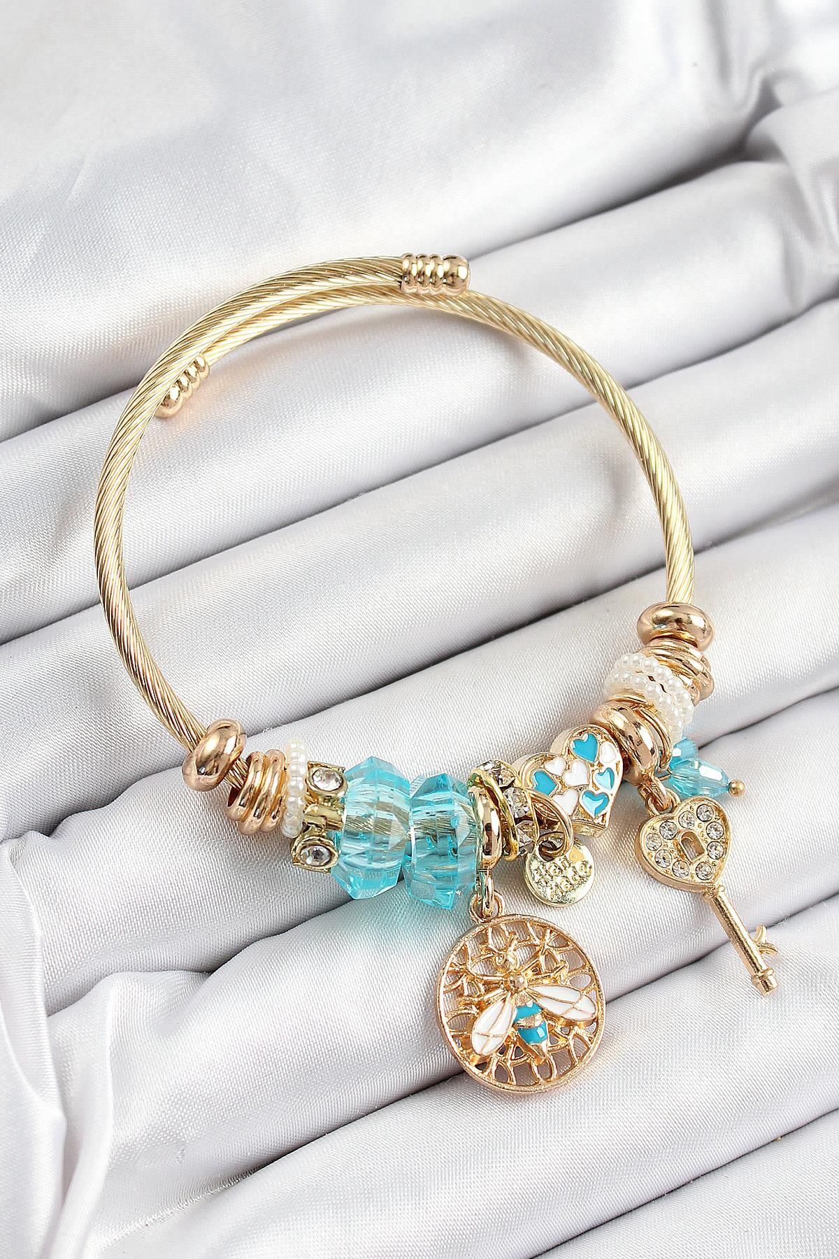 Celira Çelik Mavi Zirkon Taşlı Baykuş Arı Ve Anahtar Model Gold Renk Charm Bileklik