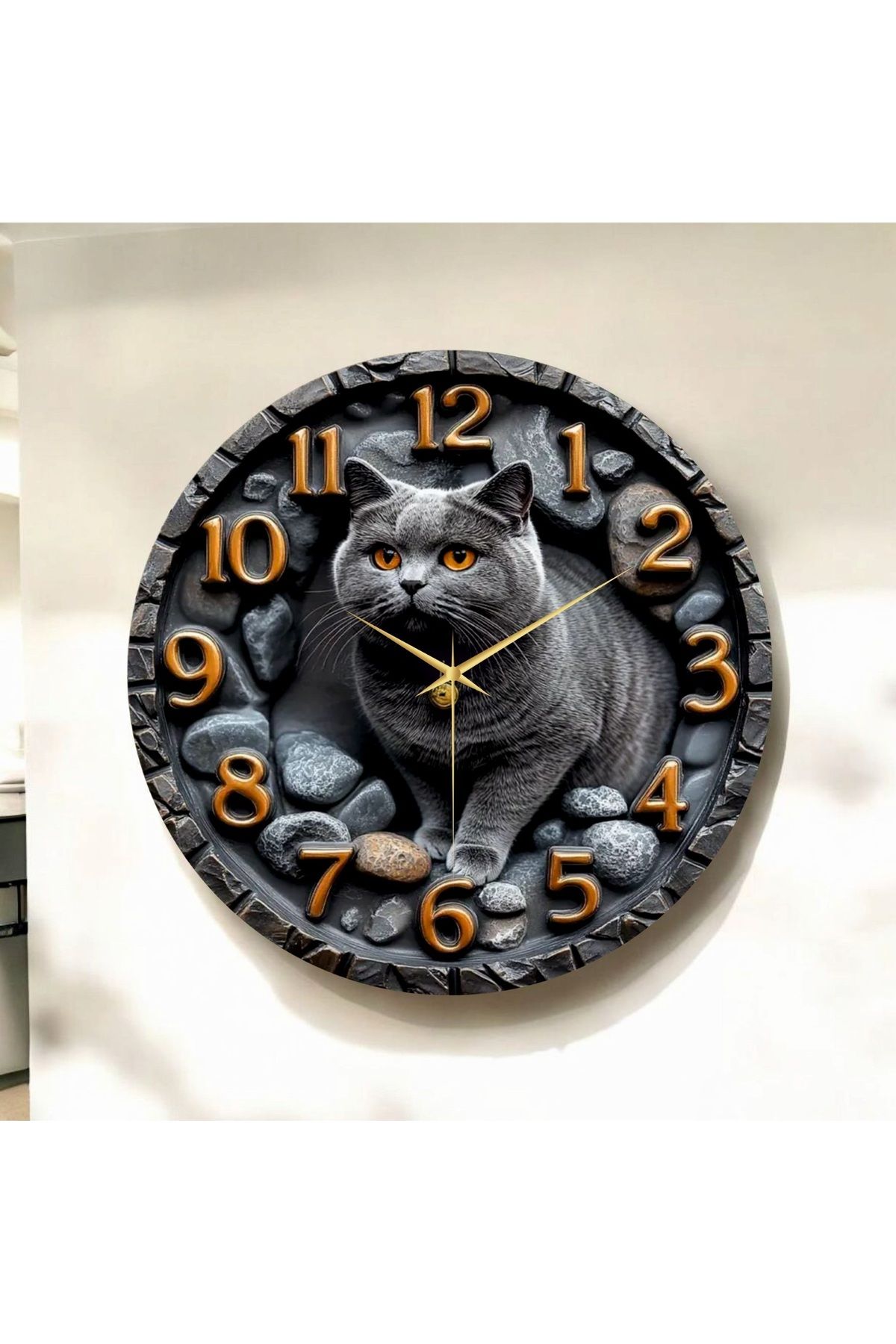 AA Shop Scottish Kedi Kabartma Görünümlü Renkli Baskı Desenli Sayılı Hediyelik Ahşap Sessiz Duvar Saati 50cm