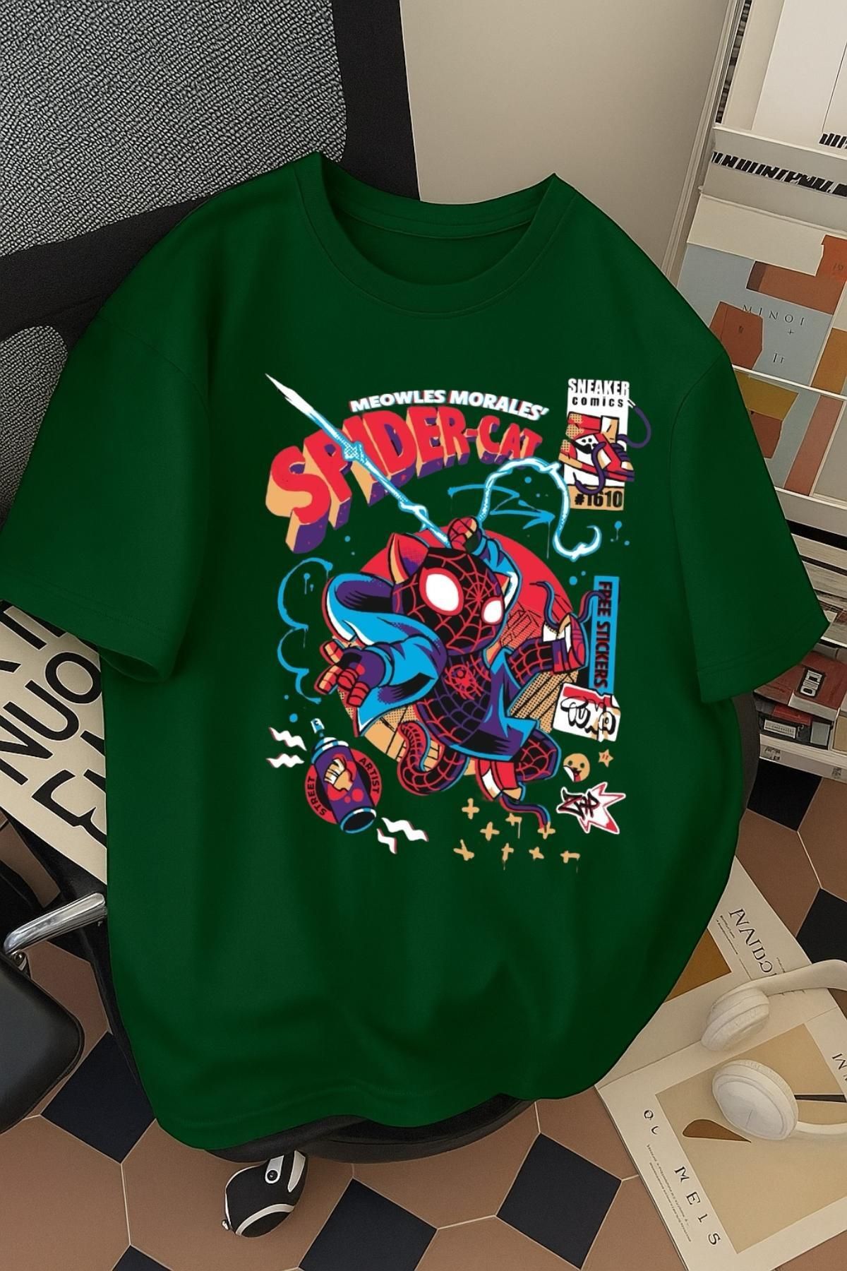 SOHR Unisex Erkek/Kadın Spider Cat Renkli Baskılı Oversize Pamuklu T-Shirt