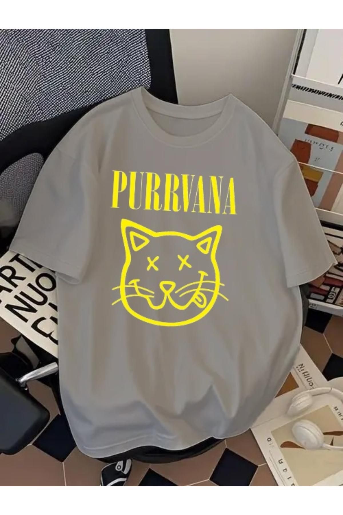 SOHR Unisex Erkek/Kadın Purrvana Kedi Renkli Baskılı Oversize Pamuklu T-Shirt