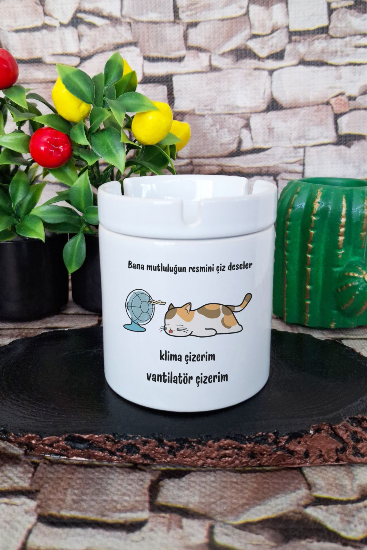 qoeuyl boutique Mutluluğun Resmi-Kedi Eğlenceli Komik Hediyelik Baskılı Seramik Kapaklı Kokusuz Küllük