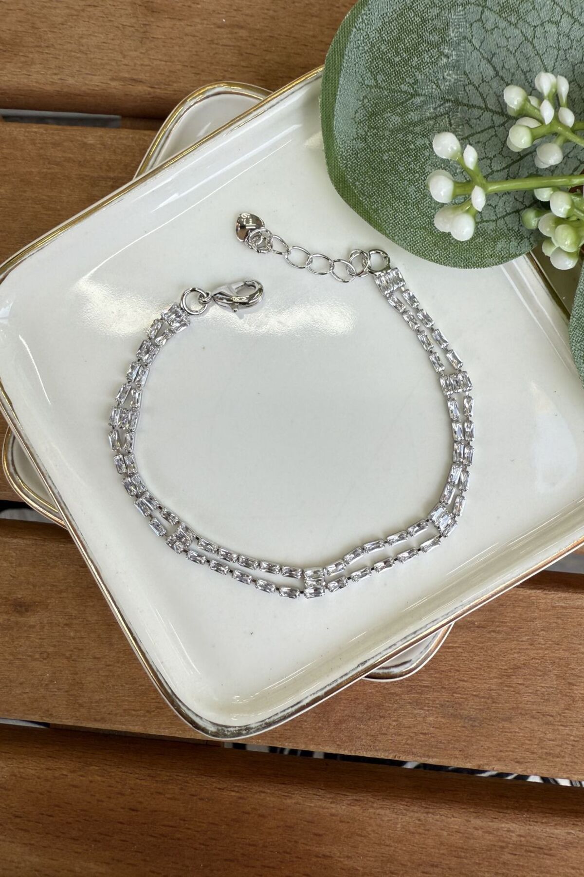 My Joyas Design 14K Altın Kaplama Çift Sıra Baget Su Yolu Bileklik Silver 17+3cm