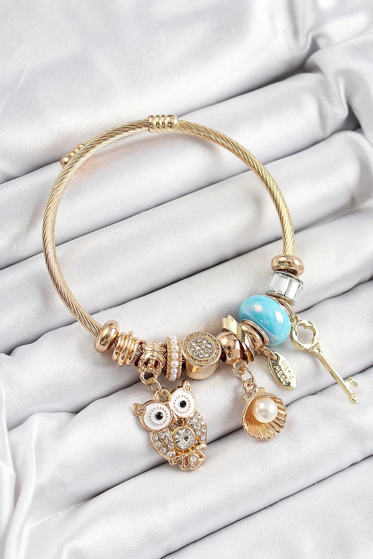 Celira Çelik Mavi Zirkon Taşlı Baykuş İstiridye Ve Anahtar Model Gold Renk Charm Bileklik