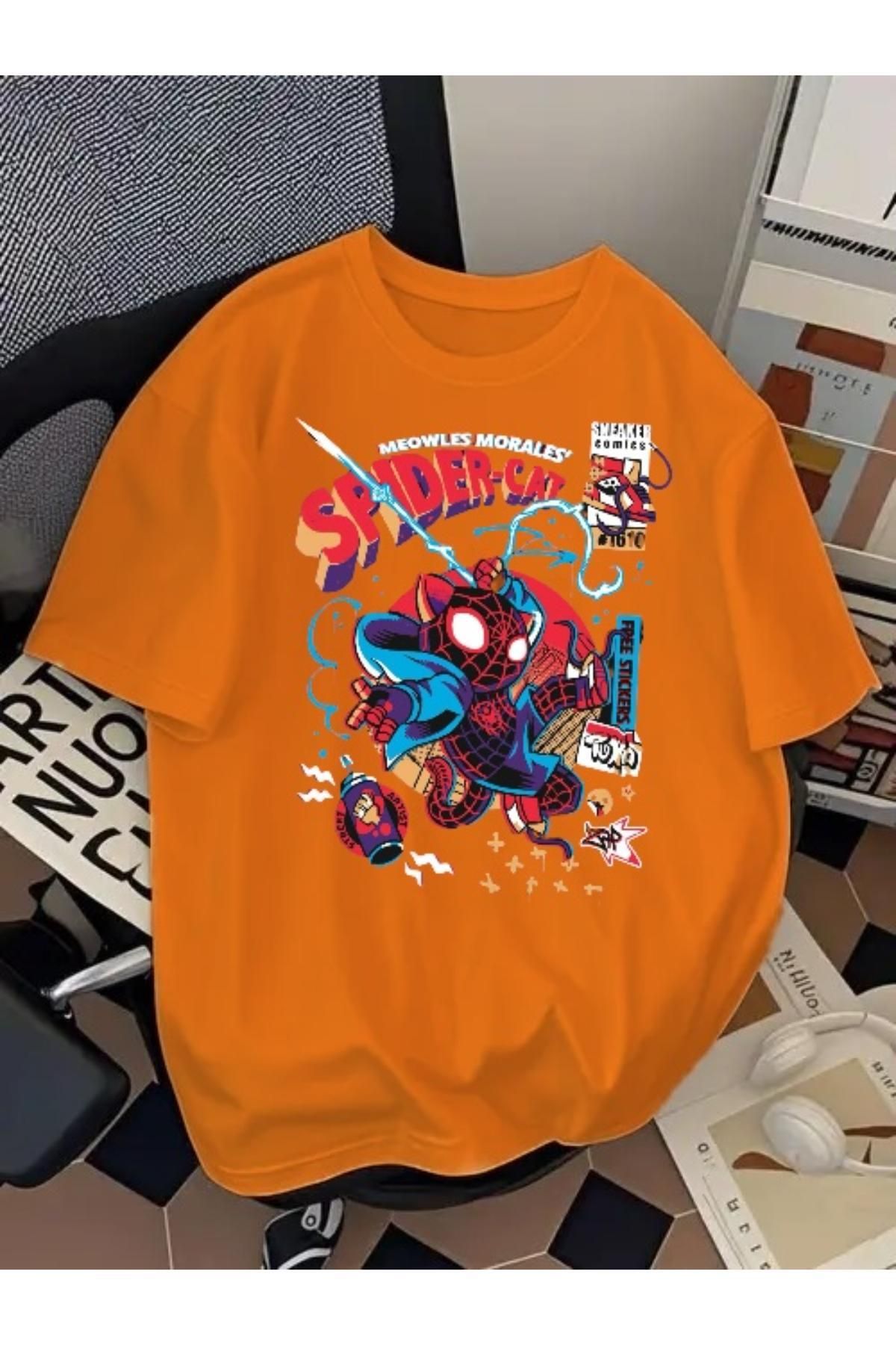 SOHR Unisex Erkek/Kadın Spider Cat Renkli Baskılı Oversize Pamuklu T-Shirt