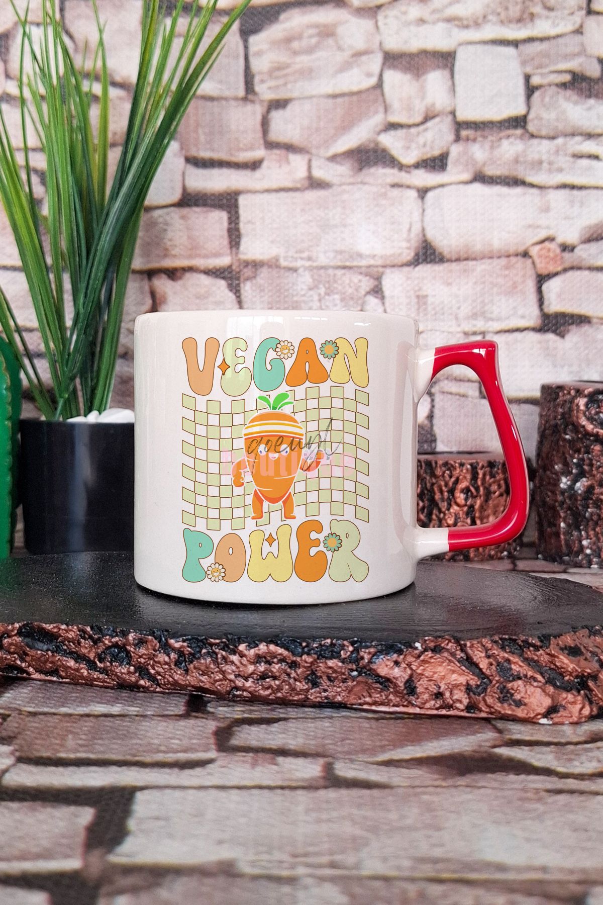 qoeuyl boutique Vegan Power Eğlenceli Baskılı Komik Hediyelik Kulplu Kupa Bardak