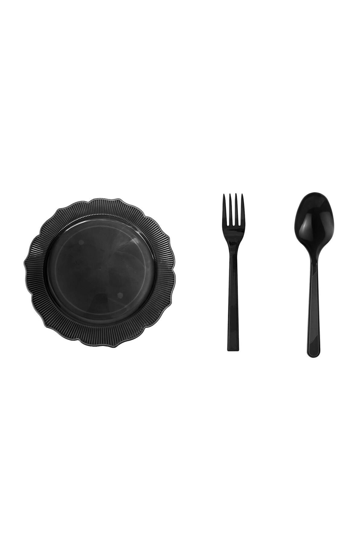 omeyva 26 Cm. Siyah Sorfa Davet Seti - Sert Mika Plastik - 48 Kişilik Tabak Çatal Kaşık Takımı