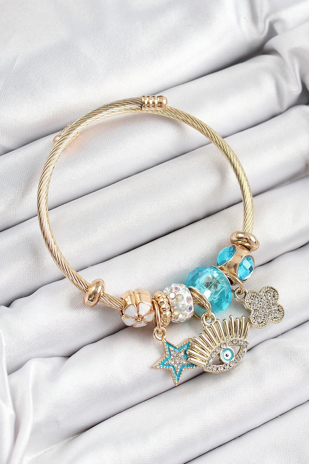 Celira Çelik Mavi Zirkon Taşlı Yıldız Göz Ve Yonca Model Gold Renk Charm Bileklik