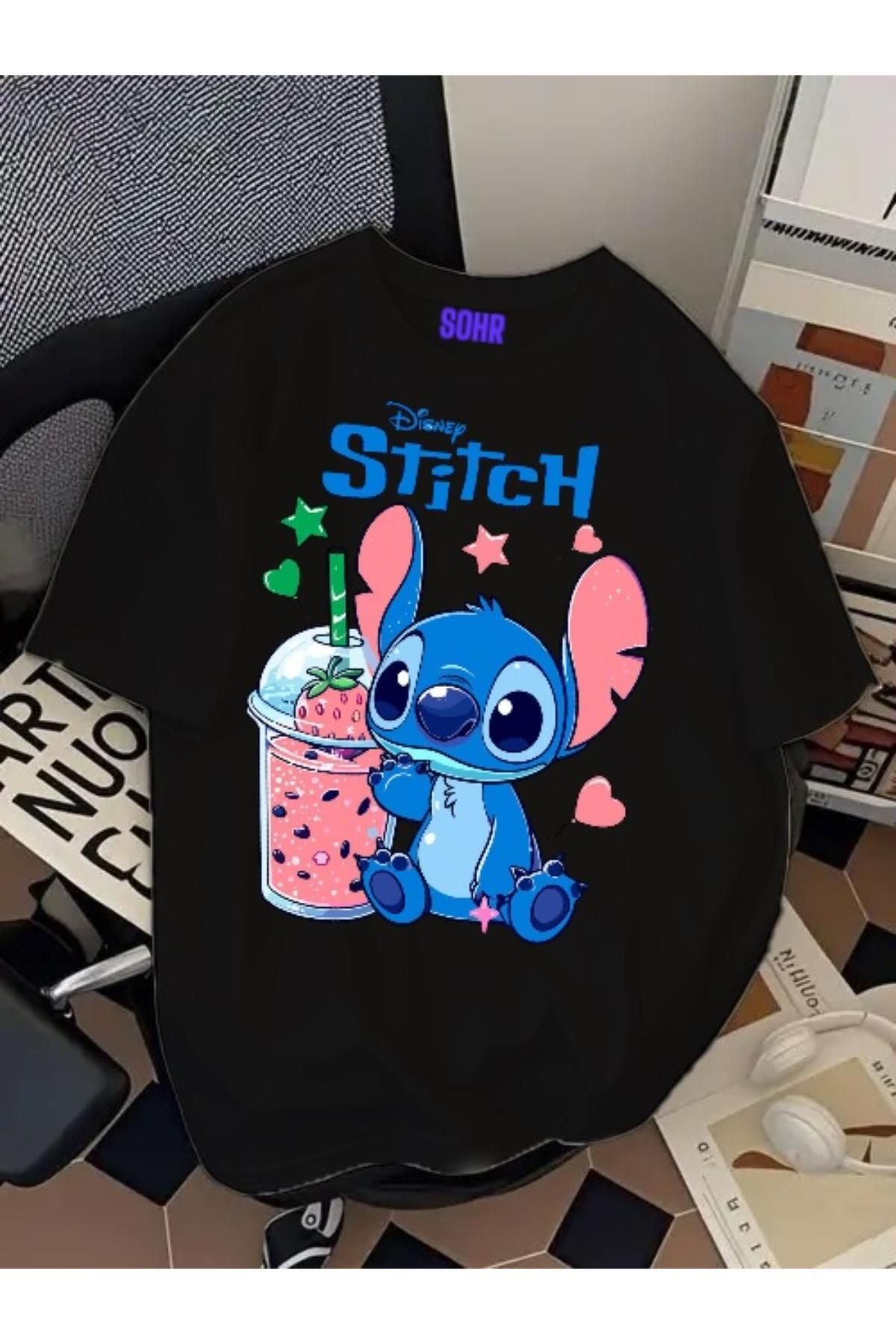 SOHR Unisex Erkek/Kadın Stitch Renkli Baskılı Oversize Pamuklu T-Shirt