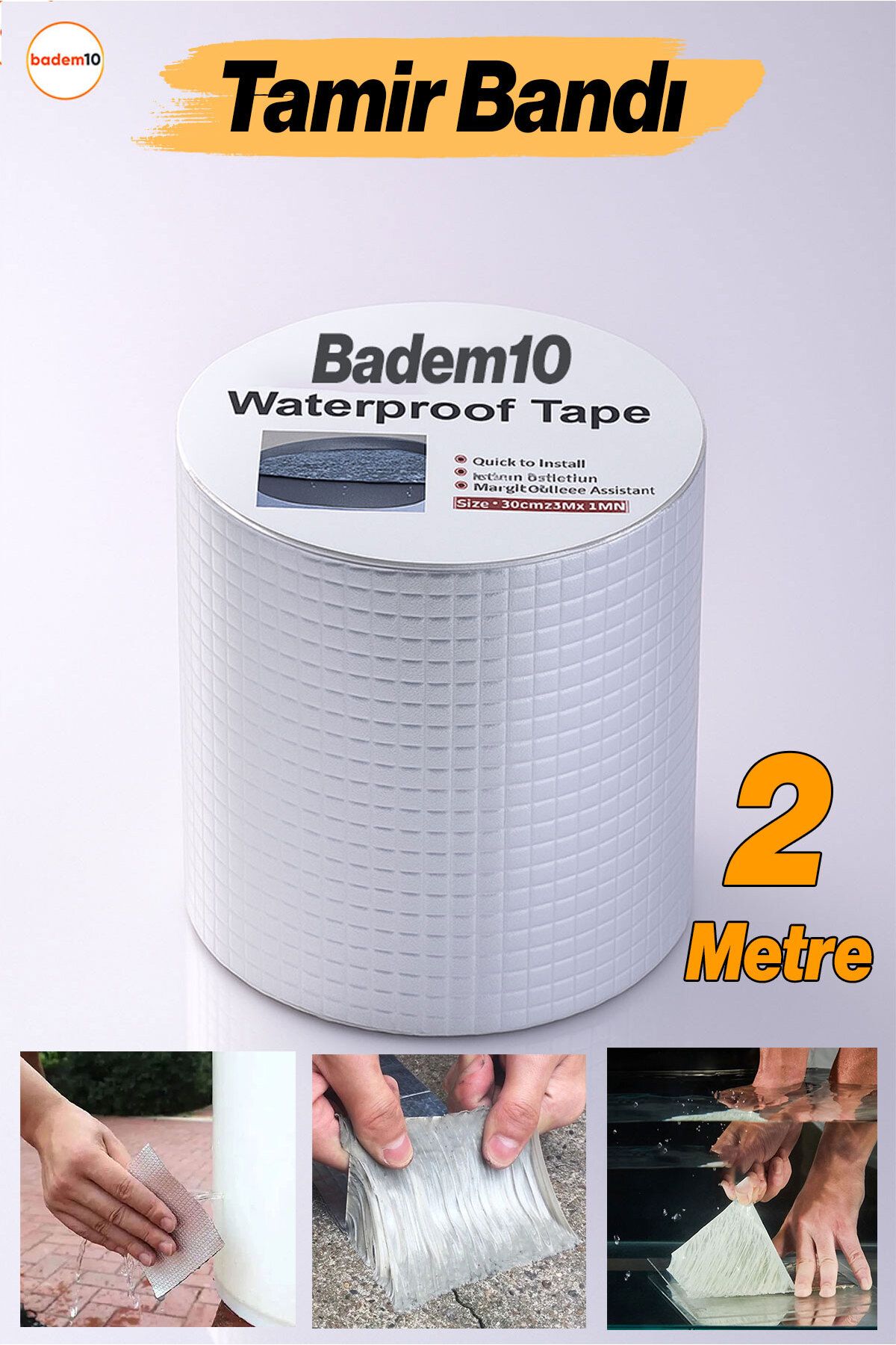 Badem10 Çatı İzolasyon Bandı 2 METRE Su Sızdırmazlık Geçirmezlik Yalıtım Çamur Tamir Çatlak Boru Bant 96 mm