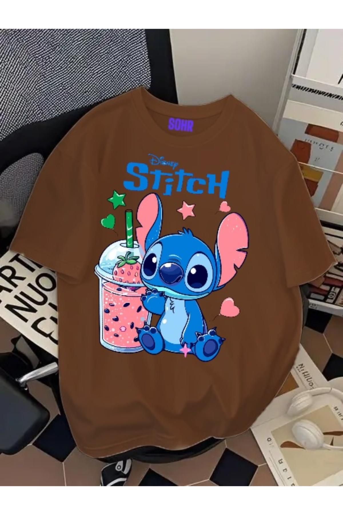 SOHR Unisex Erkek/Kadın Stitch Renkli Baskılı Oversize Pamuklu T-Shirt