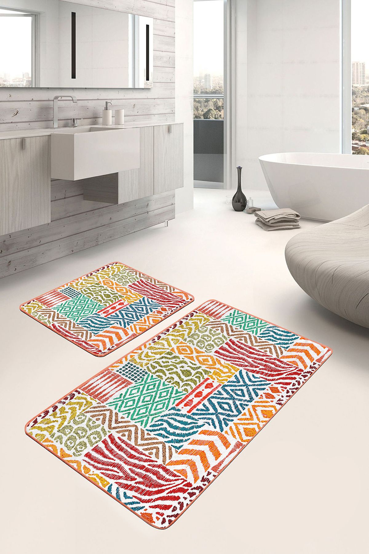 Realhomes Beyaz Zeminde Patchwork Motifli Kilim Desenli Klasik Geometrik 2'li Banyo & Mutfak Paspas Takımı