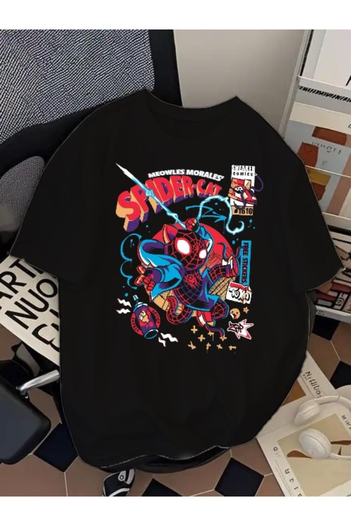 SOHR Unisex Erkek/Kadın Spider Cat Renkli Baskılı Oversize Pamuklu T-Shirt