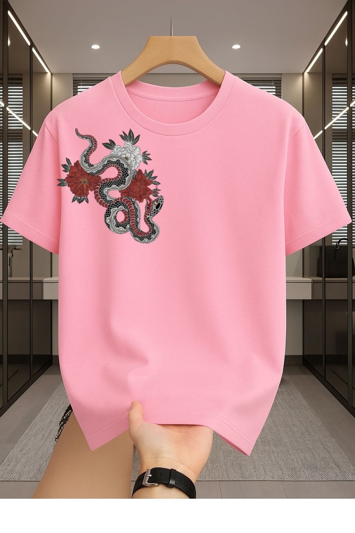 Madali Boutique Sağda Ejderha Baskılı Unisex Bisiklet Yaka Pamuk Oversize Boyfriend T-Shirt