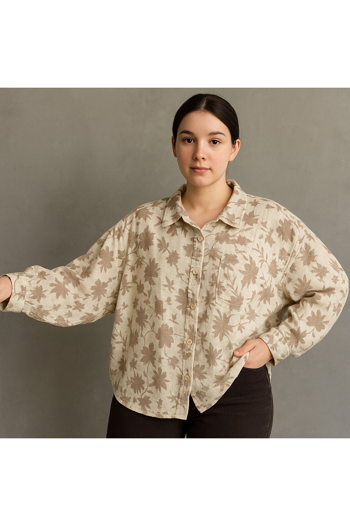 Fendre Çiçek Desenli Oversize Gömlek