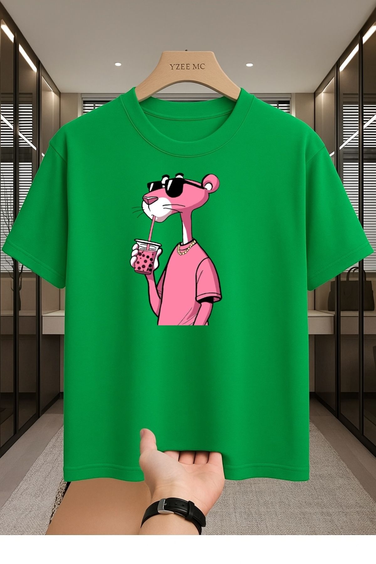 Madali Boutique Pembe Panter Baskılı Unisex Bisiklet Yaka Pamuk Oversize Boyfriend T-Shirt