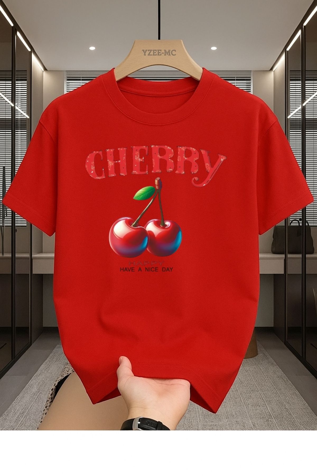 Madali Boutique Cherry Baskılı Unisex Bisiklet Yaka Pamuk Oversize Boyfriend T-Shirt