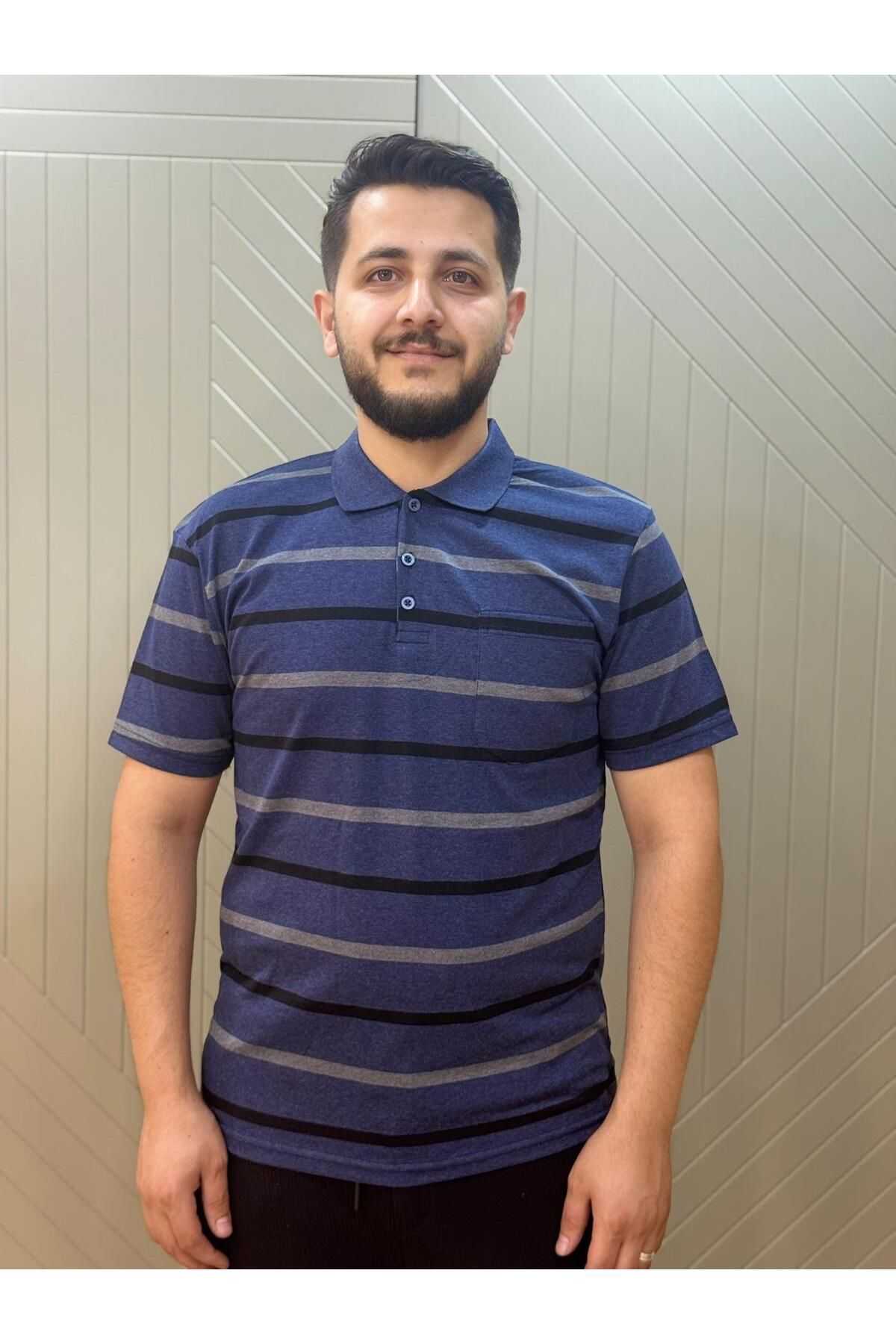 giyimcikrt POLLBRAND BOYALI ÇİZGİLİ BABA YAKALI CEPLİ TSHİRT