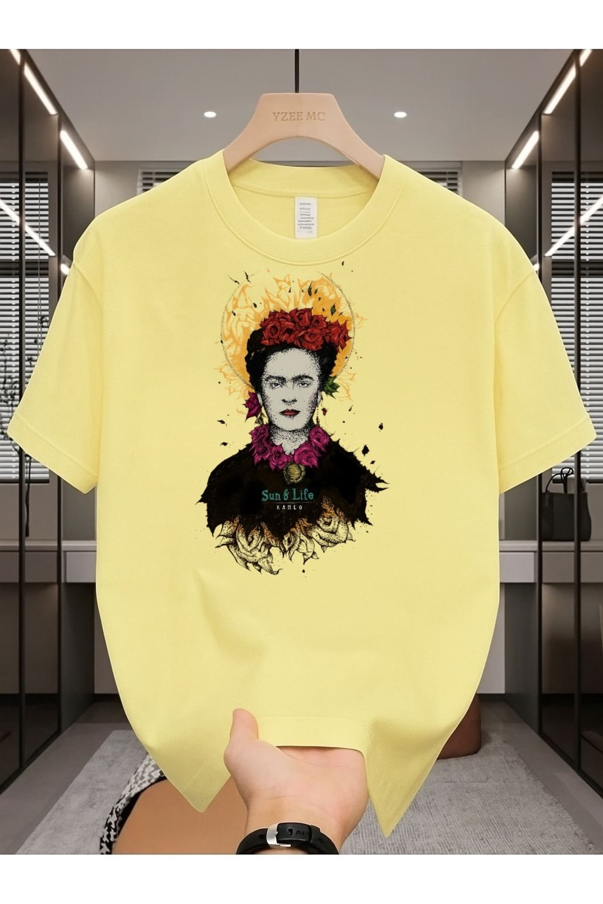 Madali Boutique Frida Kahlo Baskılı Unisex Bisiklet Yaka Pamuk Oversize Boyfriend T-Shirt