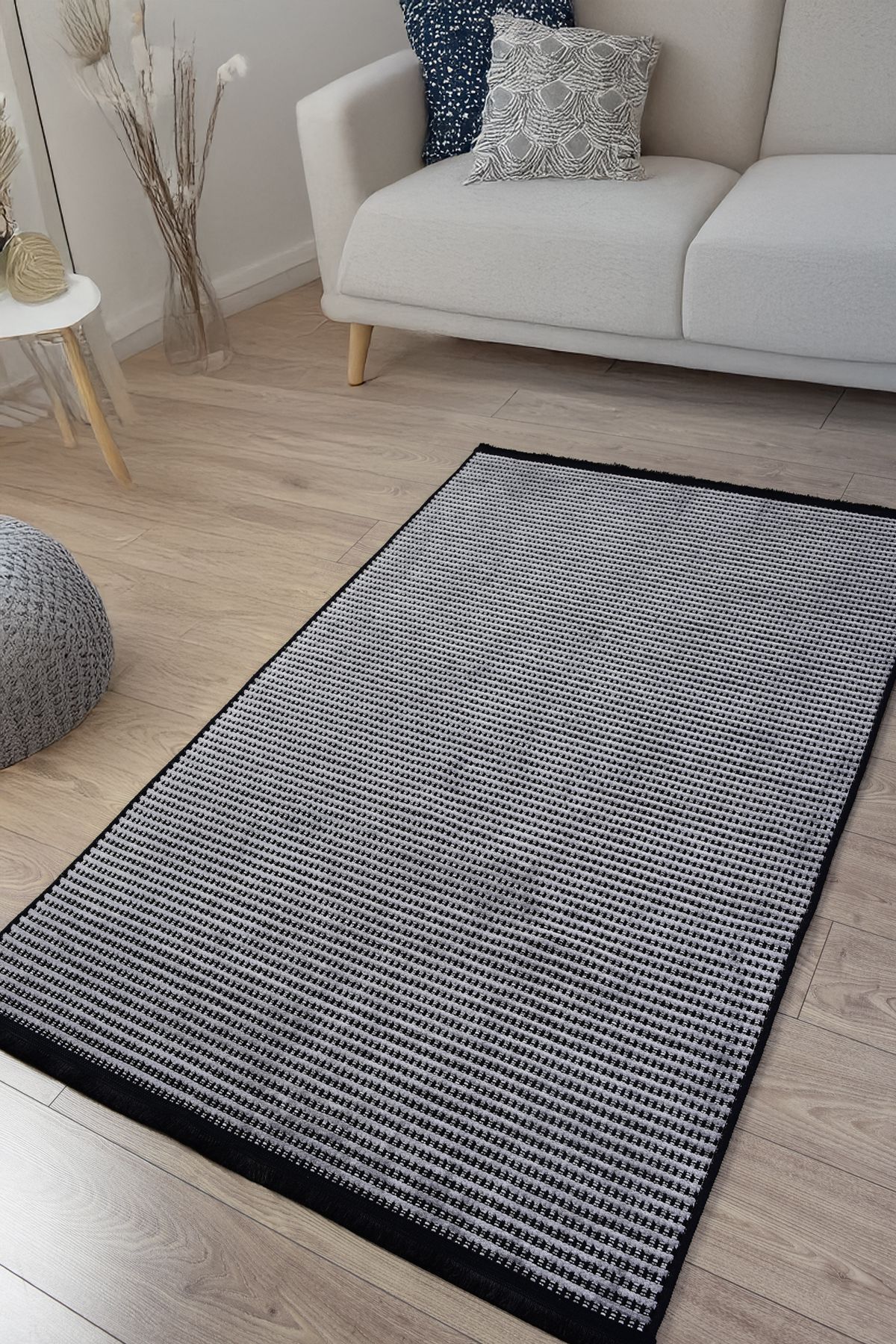 NARVEN HOME Modern Desenli Gri Çizgili Saçaklı Pamuk Yıkanabilir Kaymaz Taban Şönil Makina Halısı