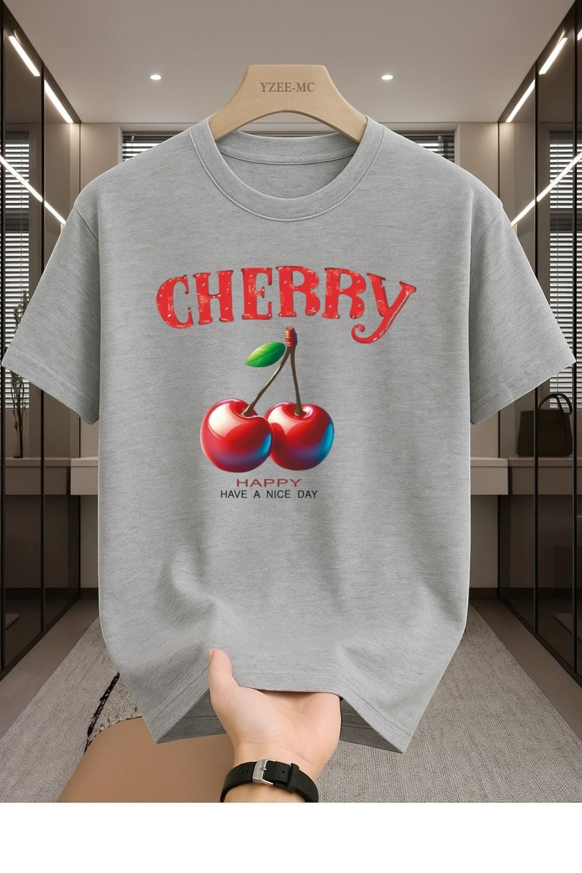 Madali Boutique Cherry Baskılı Unisex Bisiklet Yaka Pamuk Oversize Boyfriend T-Shirt
