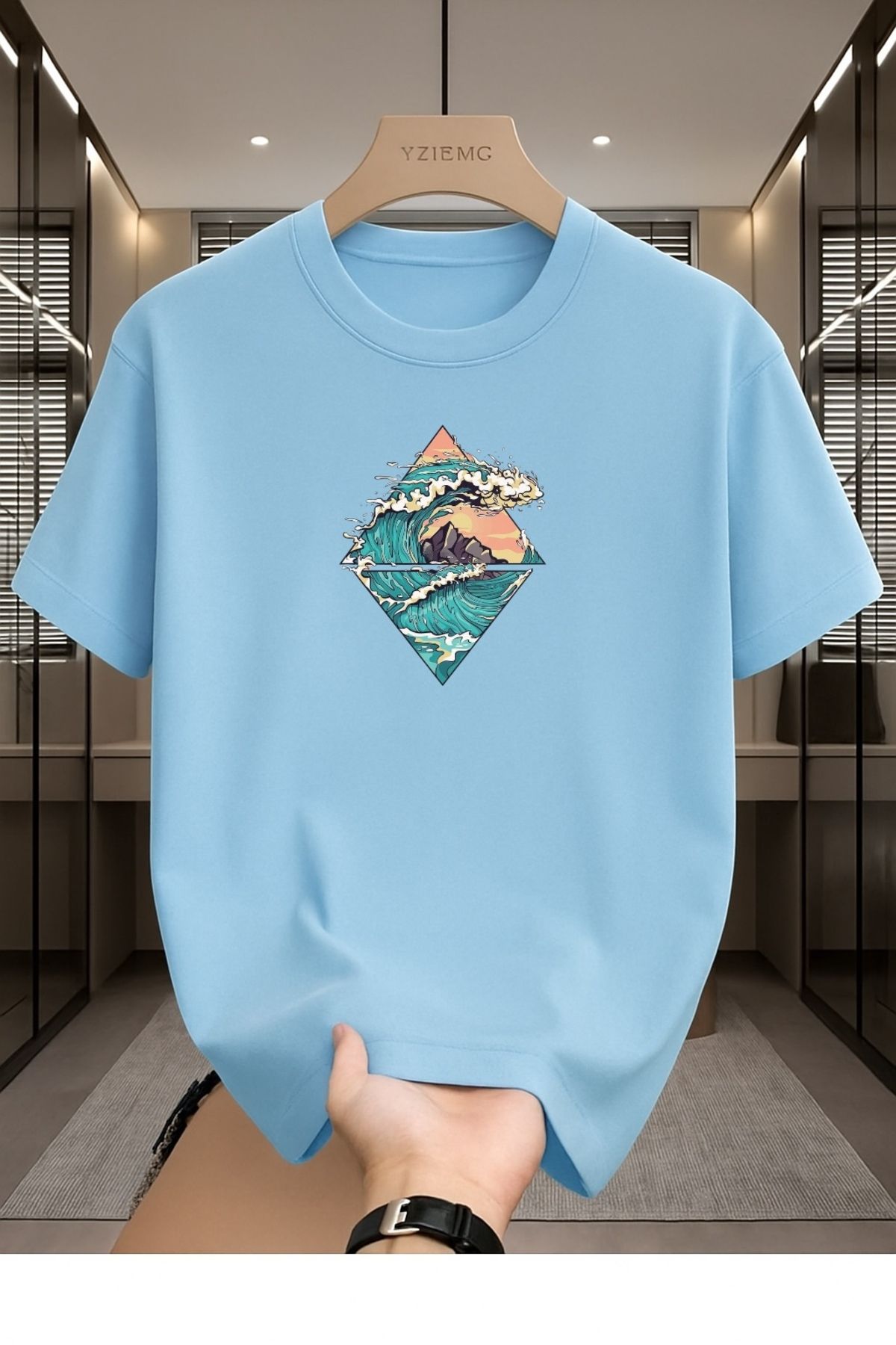 Madali Boutique Dalga Baskılı Unisex Bisiklet Yaka Pamuk Oversize Boyfriend T-Shirt