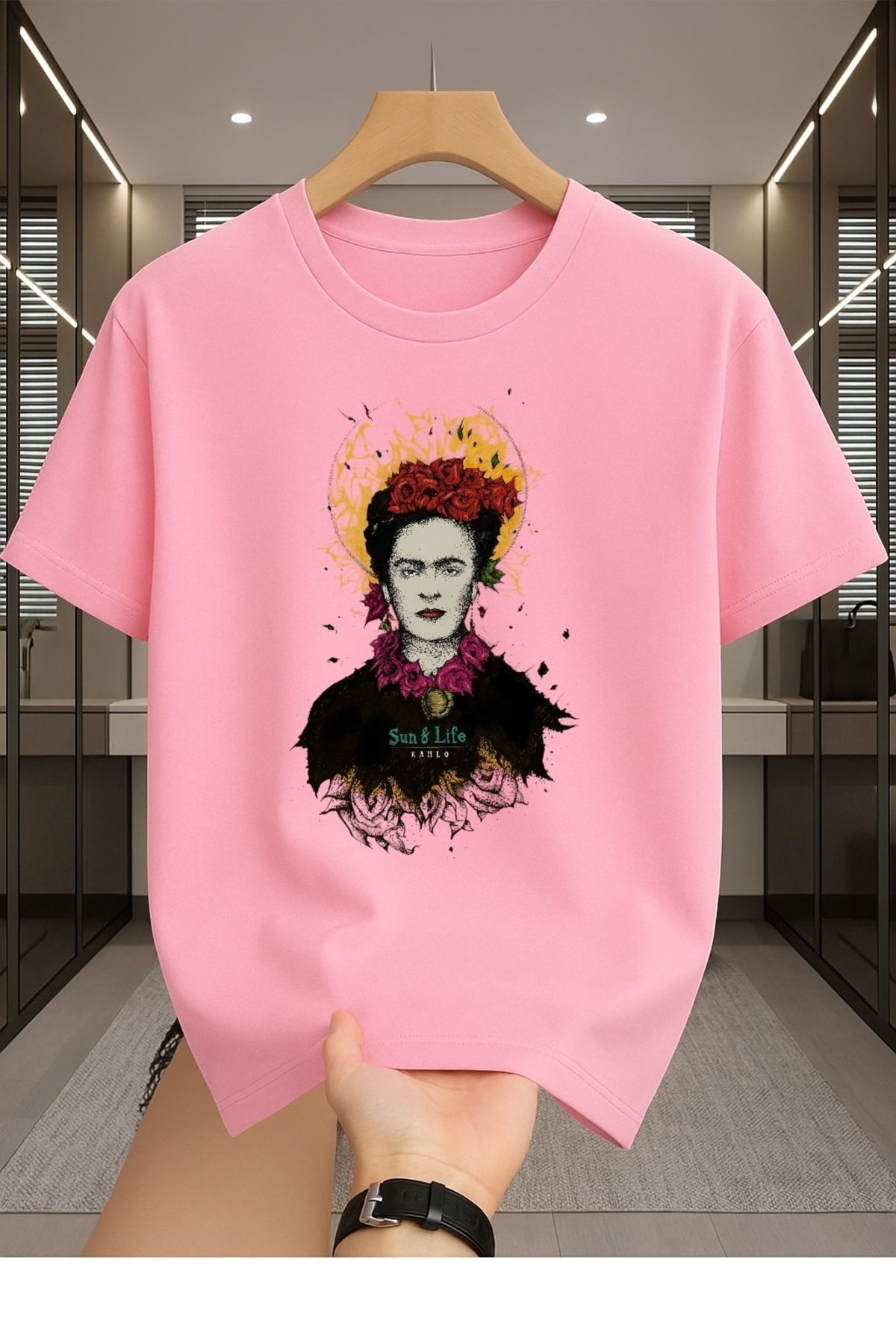 Madali Boutique Frida Kahlo Baskılı Unisex Bisiklet Yaka Pamuk Oversize Boyfriend T-Shirt