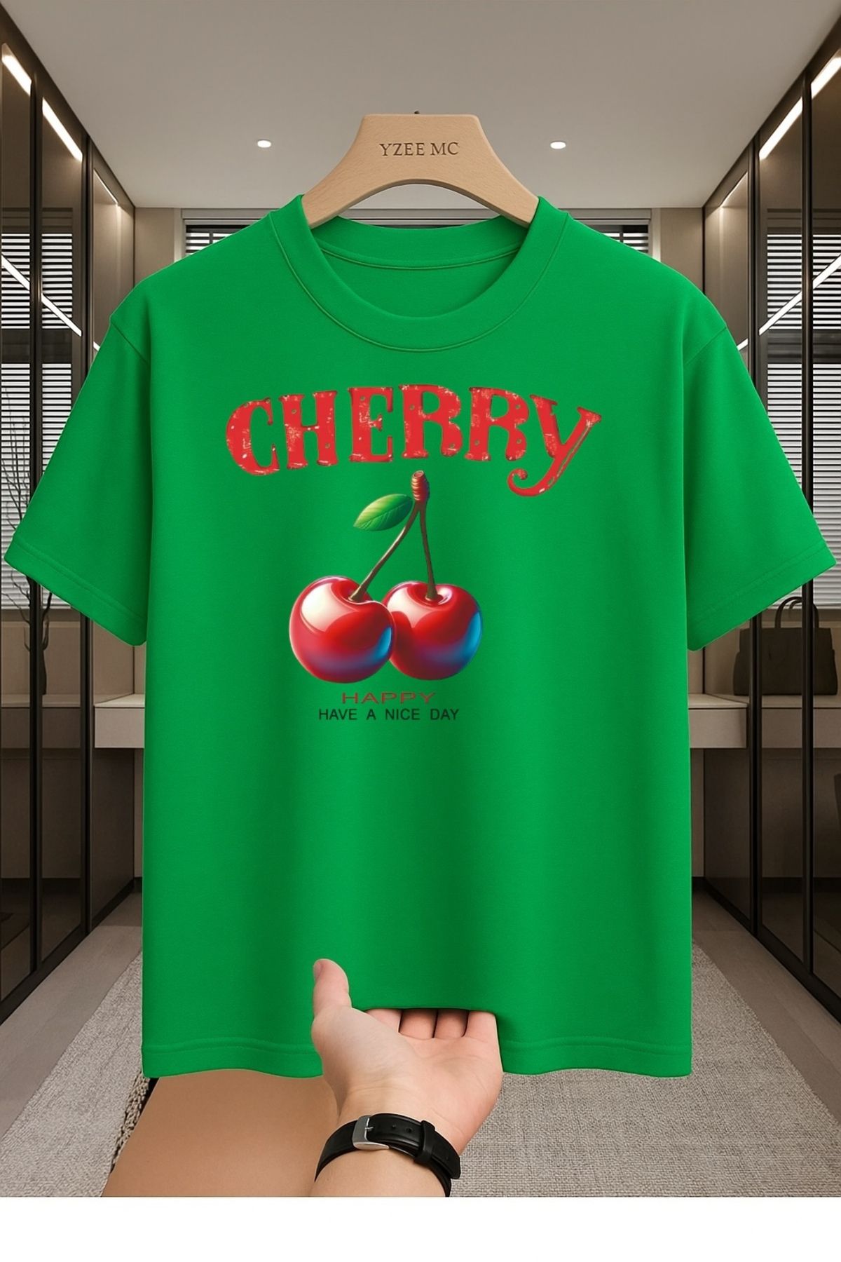 Madali Boutique Cherry Baskılı Unisex Bisiklet Yaka Pamuk Oversize Boyfriend T-Shirt