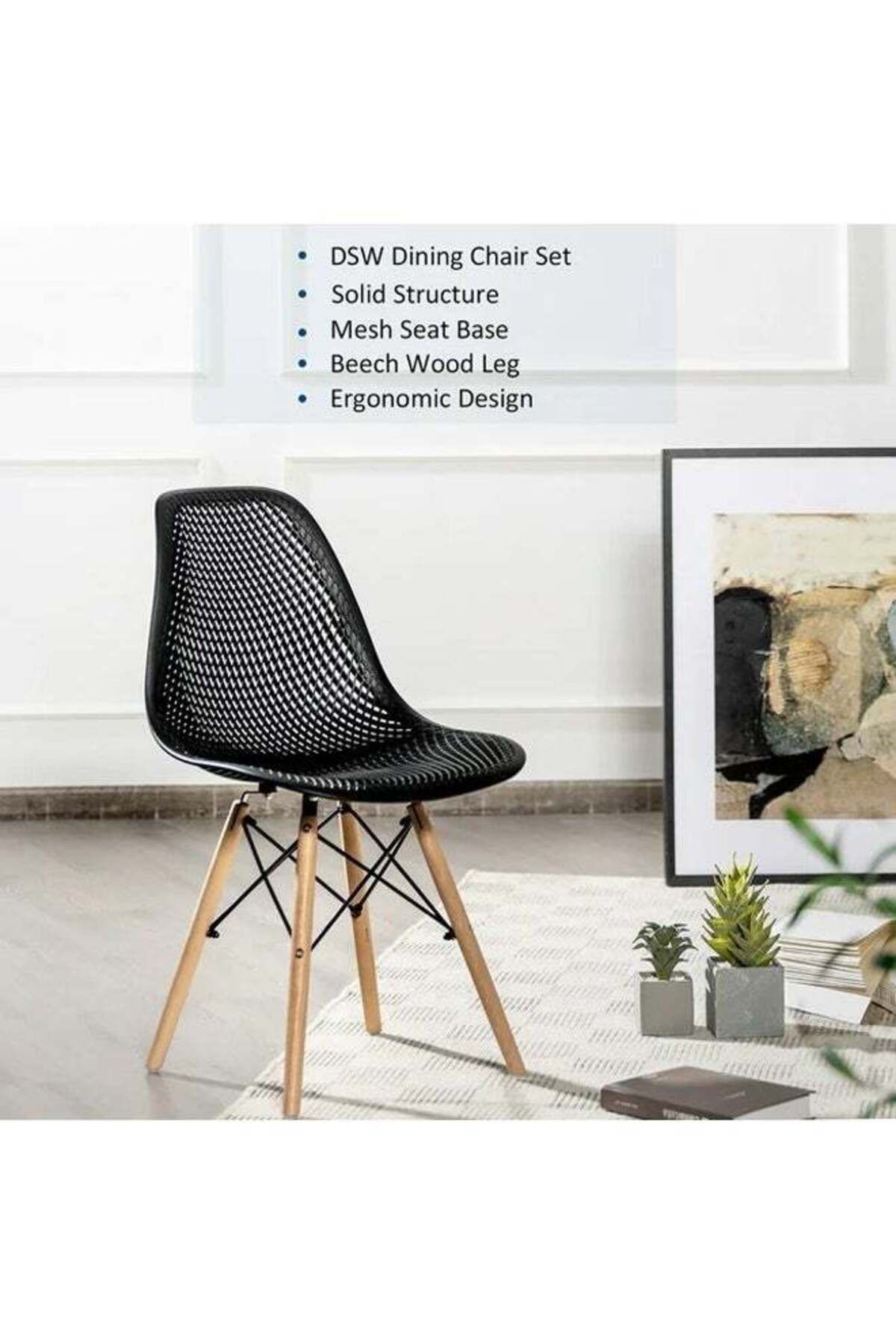 Taimi-Pack of 2 Plastic Chair with Wooden Legs for Office Dining Kitchen Living Room Black 70x40x40cm 6