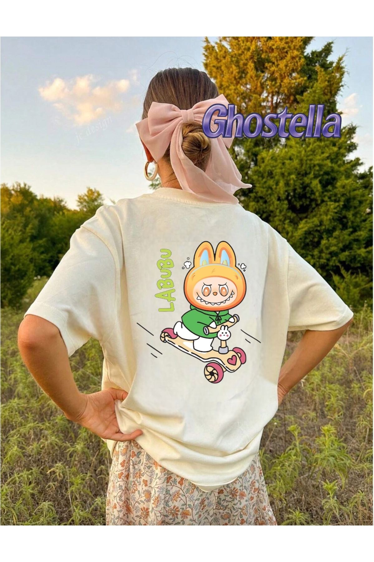 Minga London Bej Labubu Kaykay Baskılı Oversize Unisex Tshirt -Ghostella