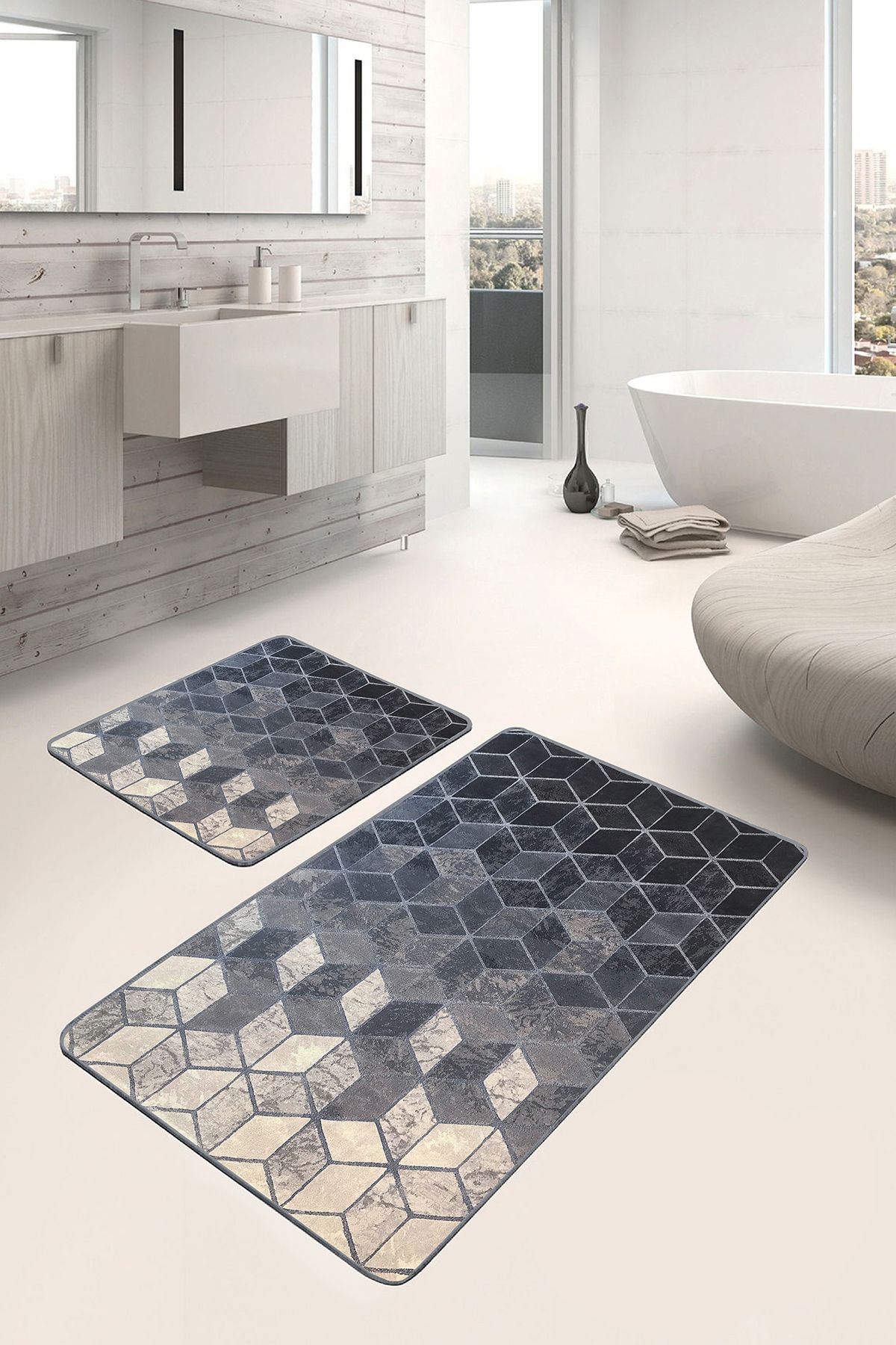 Realhomes 2'li Set Siyah - Krem Zeminde Mozaik Motifli Halı Geometrik Sade & Şık 2'li Banyo Paspas Takımı