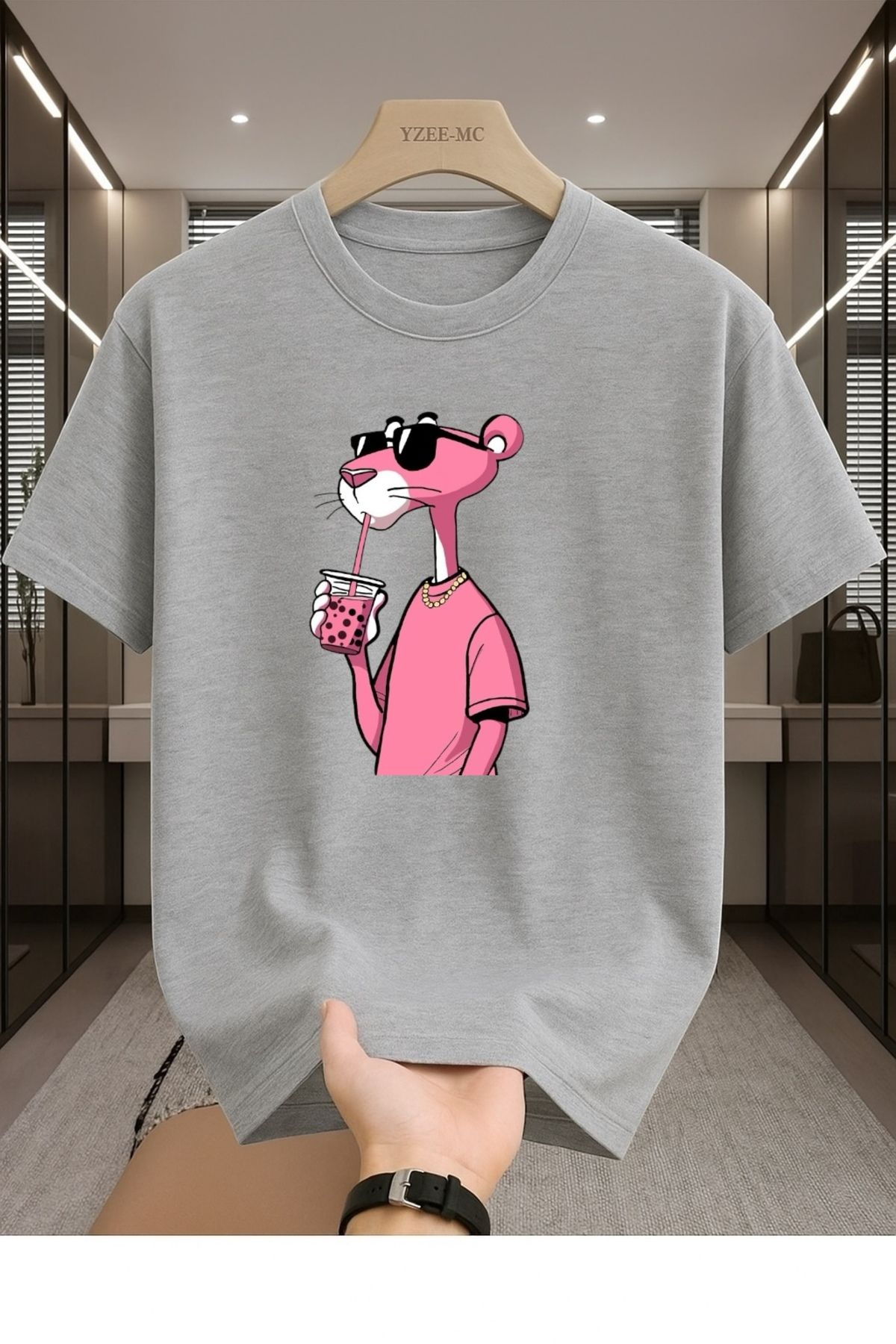 Madali Boutique Pembe Panter Baskılı Unisex Bisiklet Yaka Pamuk Oversize Boyfriend T-Shirt