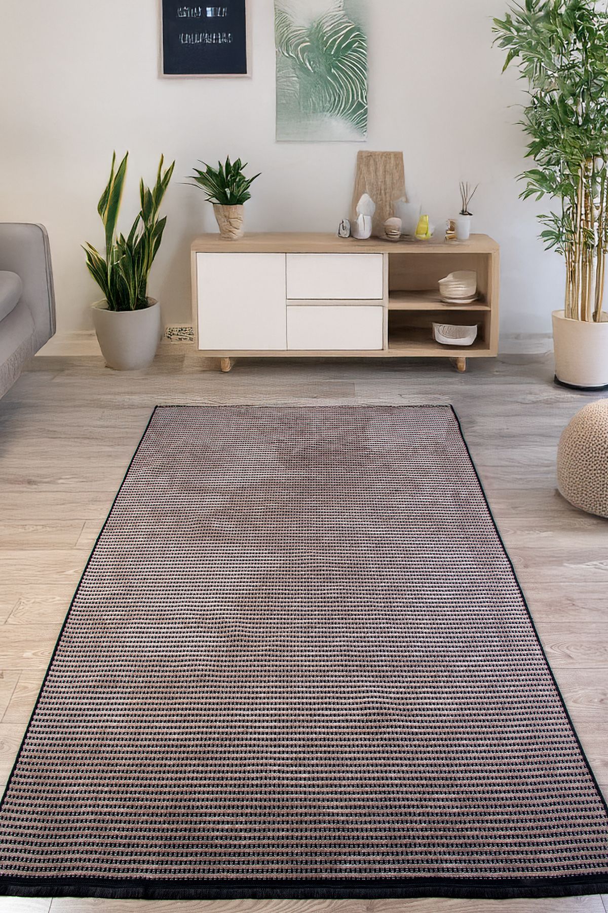 NARVEN HOME Modern Desenli Bej Çizgili Saçaklı Pamuk Yıkanabilir Kaymaz Taban Şönil Makina Halısı