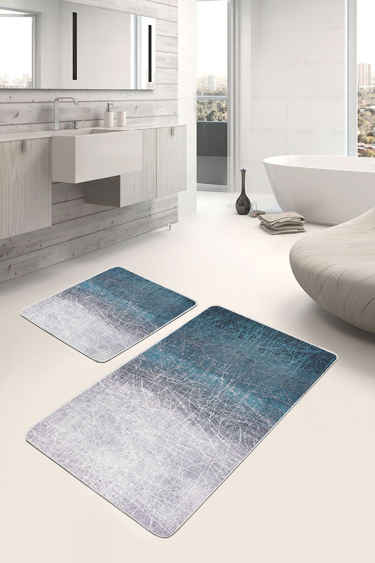 Realhomes Mavi - Gri Zeminde Yağlıboya Motifli Kanvas Desenli Eskitme Motifli Vintage 2'li Banyo Paspas Takımı