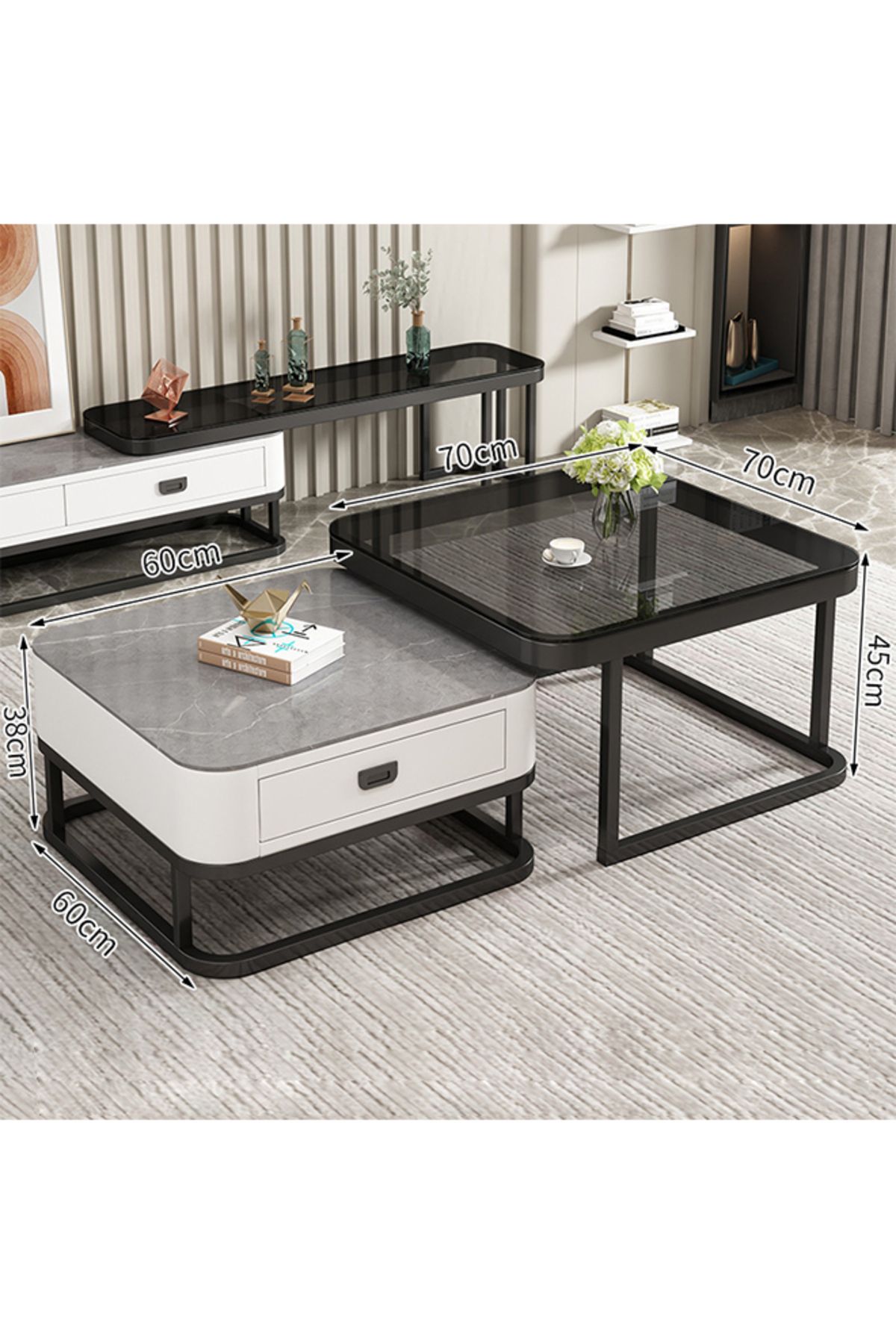 sharpdo-Modern Nesting Table Set, Minimalist Living Room Coffee Table Set, Square-shaped End Table 3