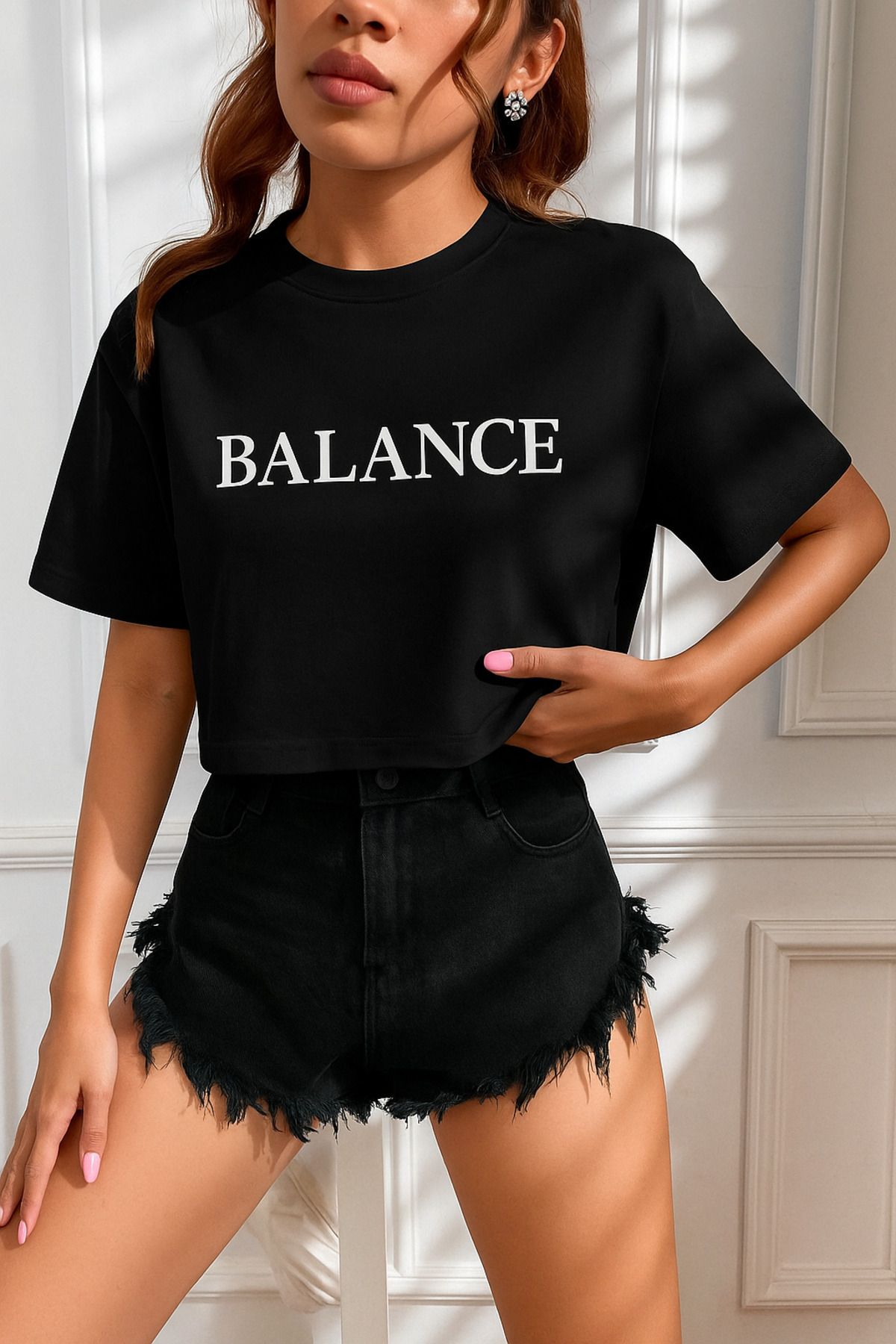 GENIUS STORE Kadın Tişört Crop Tişört Baskılı Fit Tişört BALANCE-TİŞÖRT