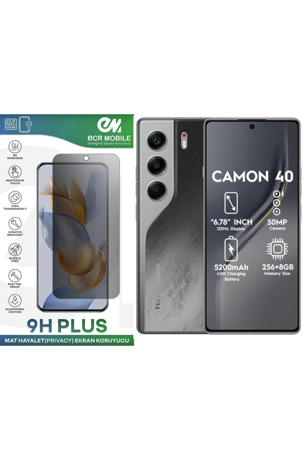 Ecr Mobile Tecno Camon 40 ile Uyumlu HAYALET(Privacy) Esnek Nano Kırılmayan Ekran Koruyucu