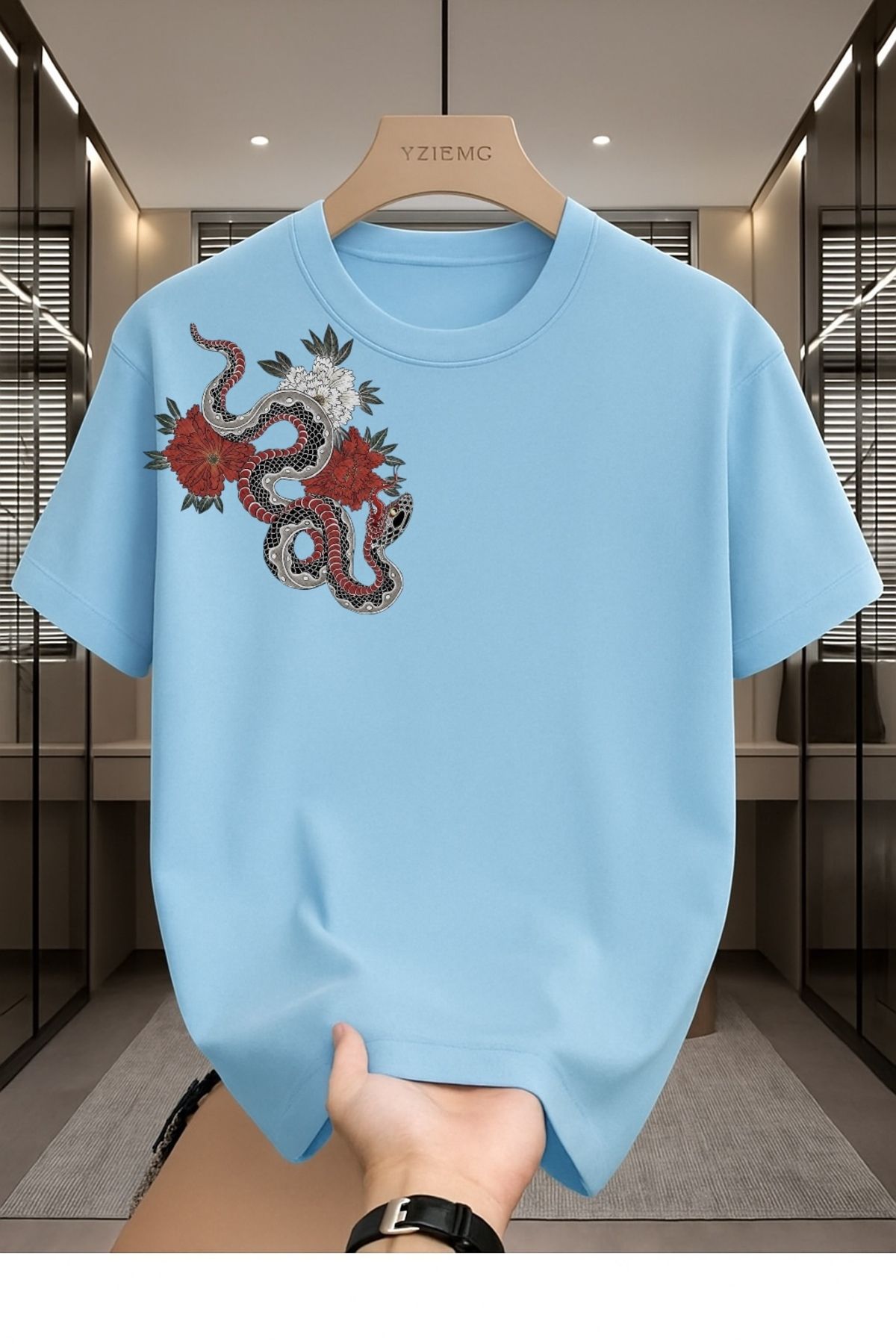 Madali Boutique Sağda Ejderha Baskılı Unisex Bisiklet Yaka Pamuk Oversize Boyfriend T-Shirt
