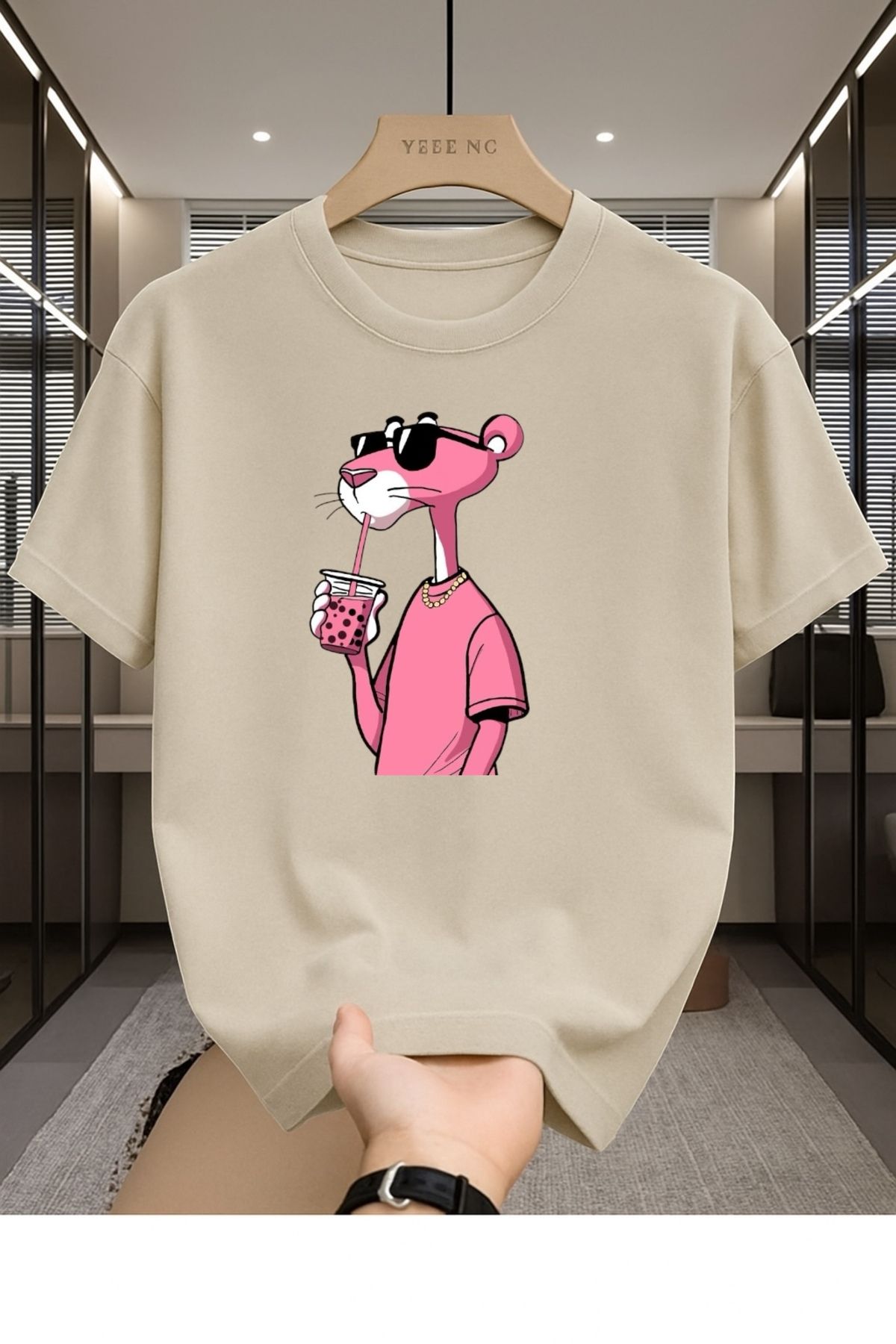 Madali Boutique Pembe Panter Baskılı Unisex Bisiklet Yaka Pamuk Oversize Boyfriend T-Shirt