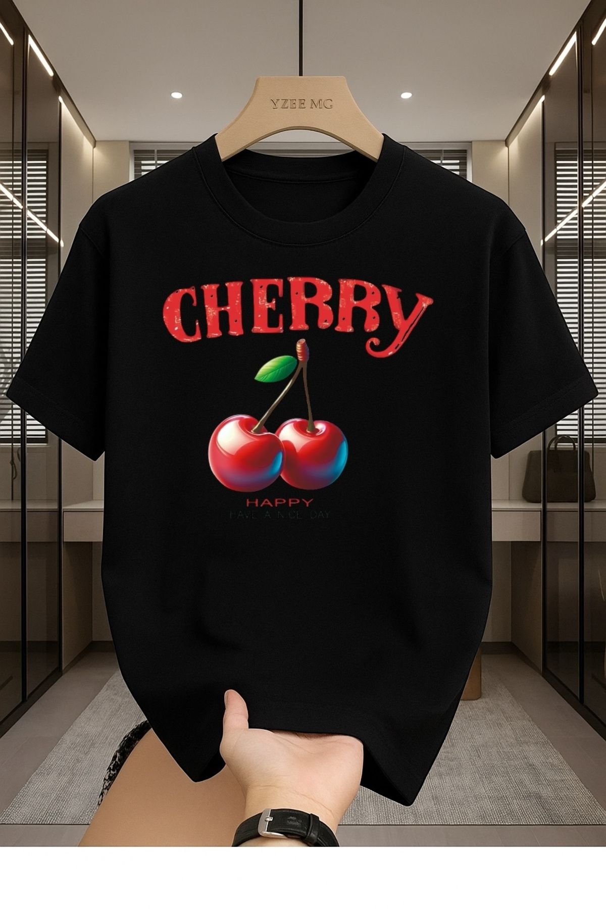 Madali Boutique Cherry Baskılı Unisex Bisiklet Yaka Pamuk Oversize Boyfriend T-Shirt