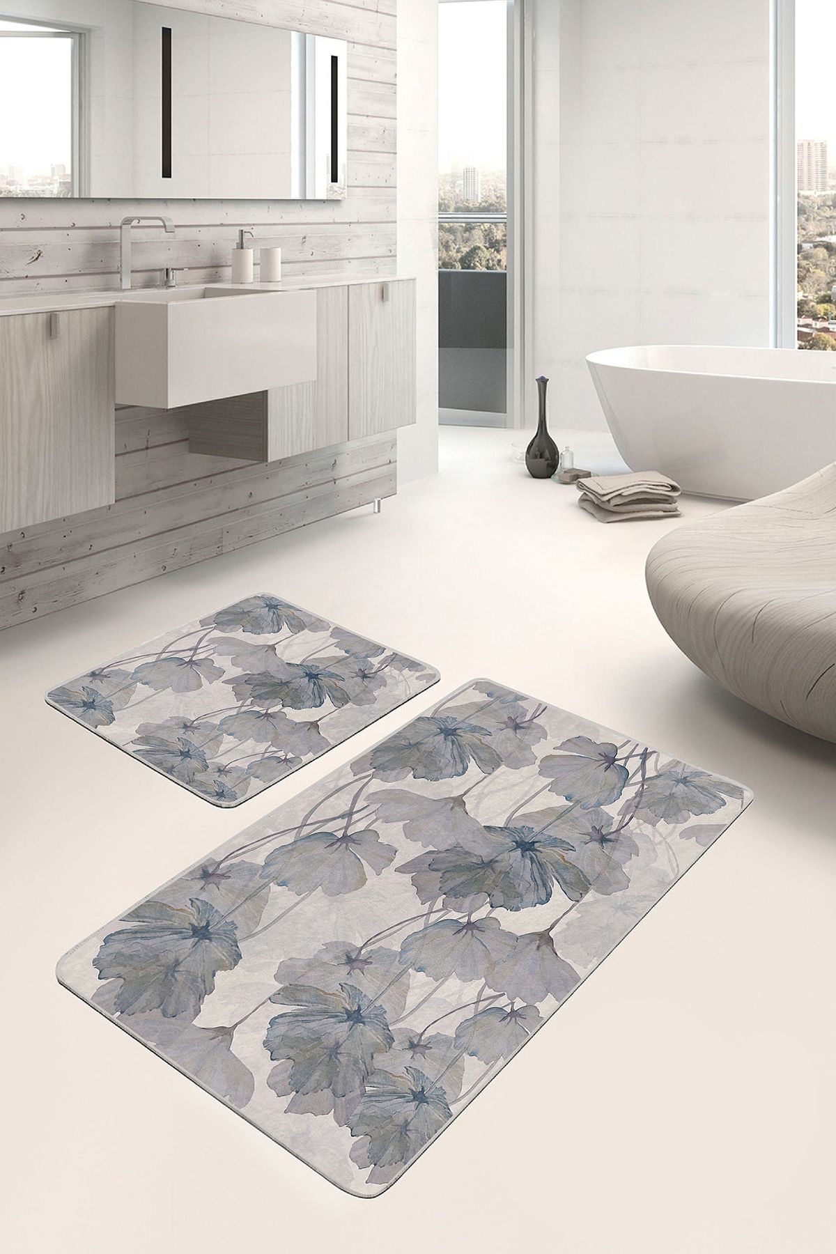 Realhomes 2'li Set Ekru - Gri Zeminde Yağlıboya Motifli Çiçek Desenli Floral Vintage 2'li Banyo Paspas Takımı