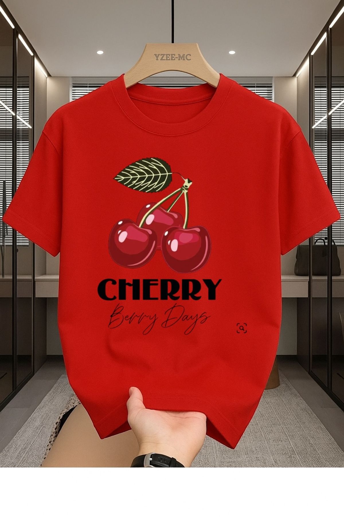 Madali Boutique Cherry Bery Days Baskılı Unisex Bisiklet Yaka Pamuk Oversize Boyfriend T-Shirt