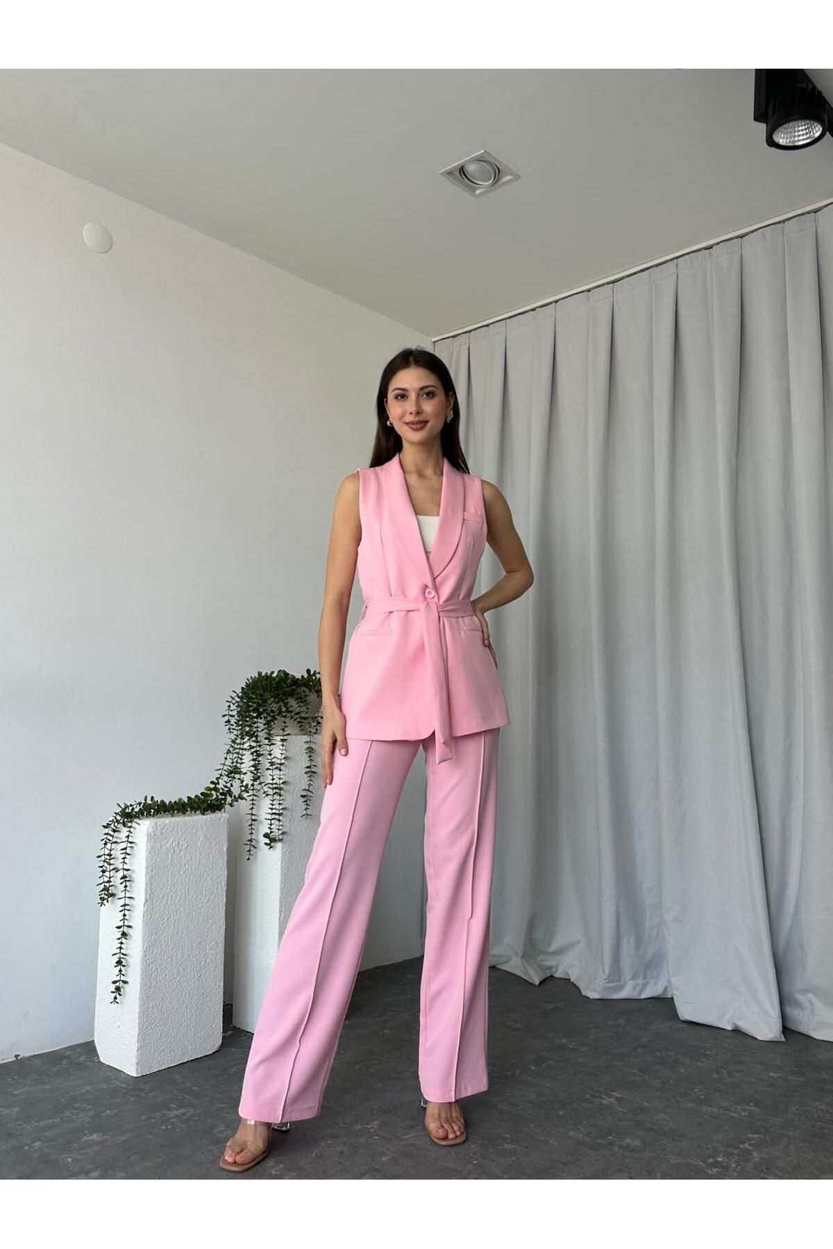 EFSUN MODA KADIN LEİLA YELEK PANTOLON TAKIM ASTARLİ KUŞAKLI