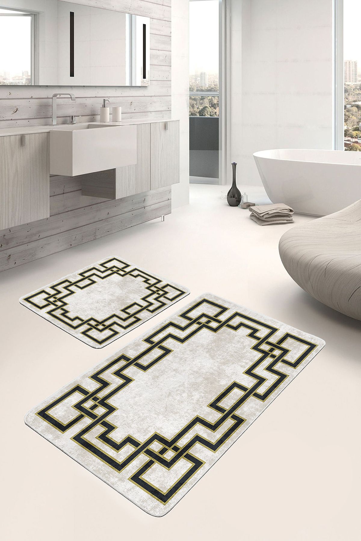 Realhomes 2'li Set Gold - Krem Zeminde Çerçeveli Motifli Eskitme Geometrik Klasik 2'li Banyo Paspas Takımı