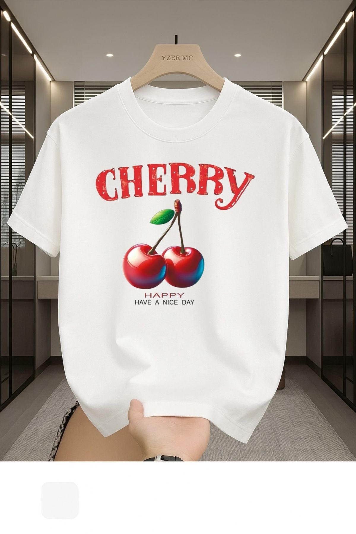 Madali Boutique Cherry Baskılı Unisex Bisiklet Yaka Pamuk Oversize Boyfriend T-Shirt